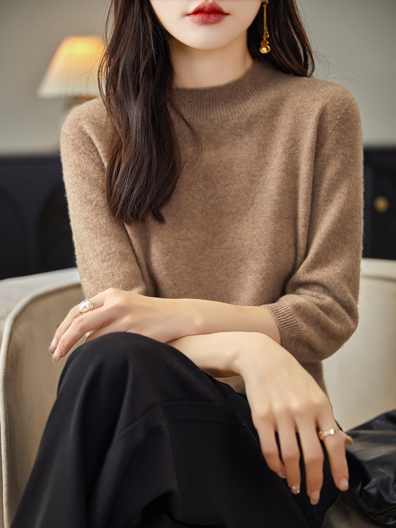 Pull à col montant et manches mi-longues 100 % laine mérinos