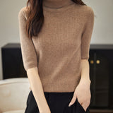 Chanyarn Women's 100% Merino Wool Sweater Turtleneck Short Sleeve Tops Spring Summer Lightweight Ribbed Knitted Pullover