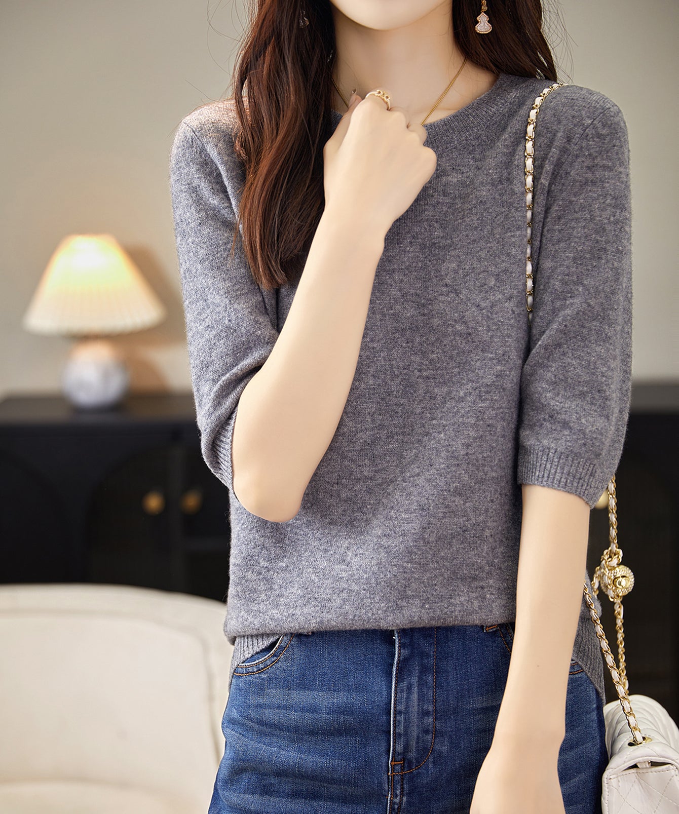 Chanyarn Women's 100% Merino Wool Sweater Crewneck Half Sleeve Tops Lightweight Spring Summer Sweater Knit Pullover