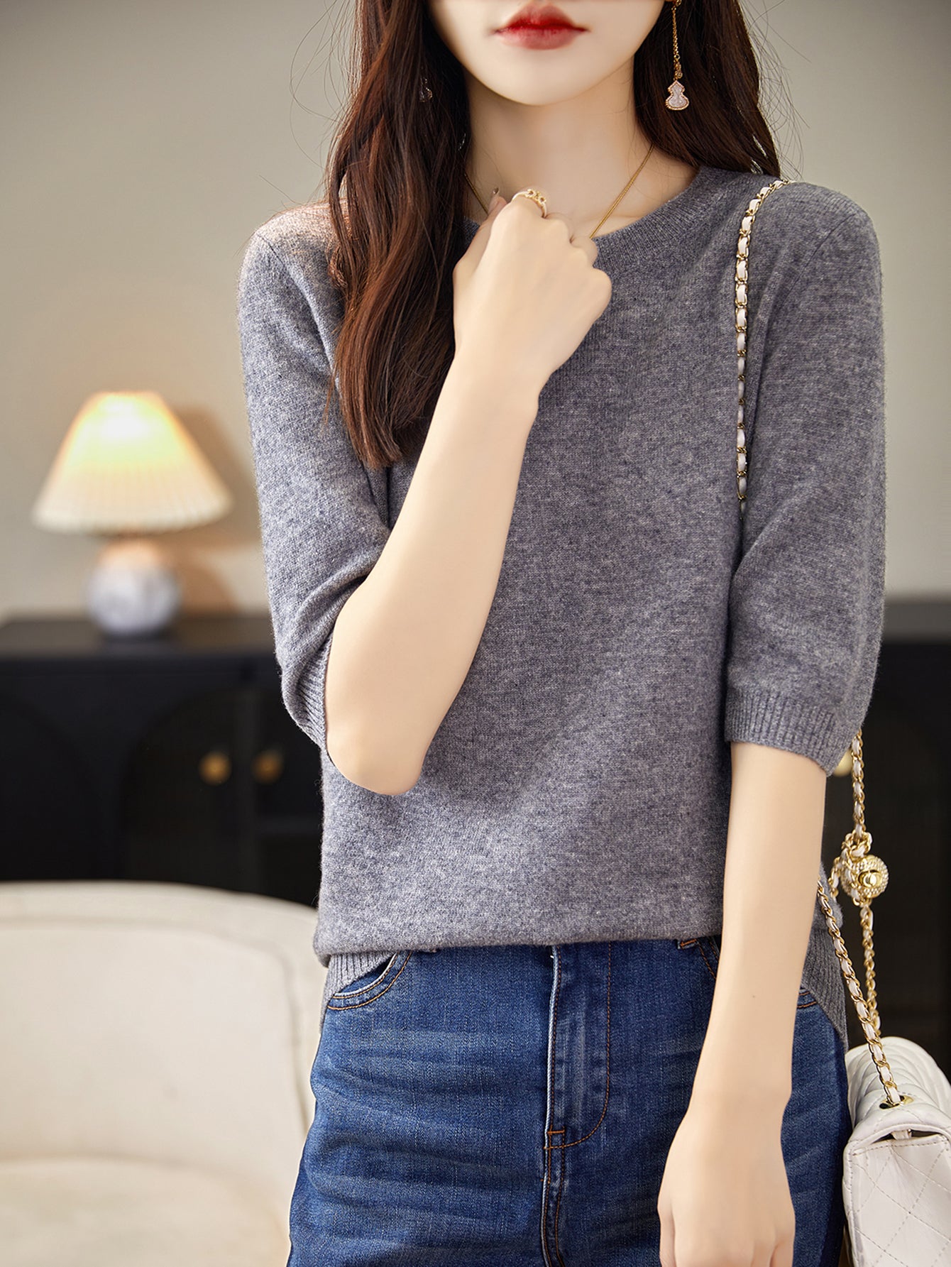 100% Merino Wool Crewneck Half Sleeve Sweater