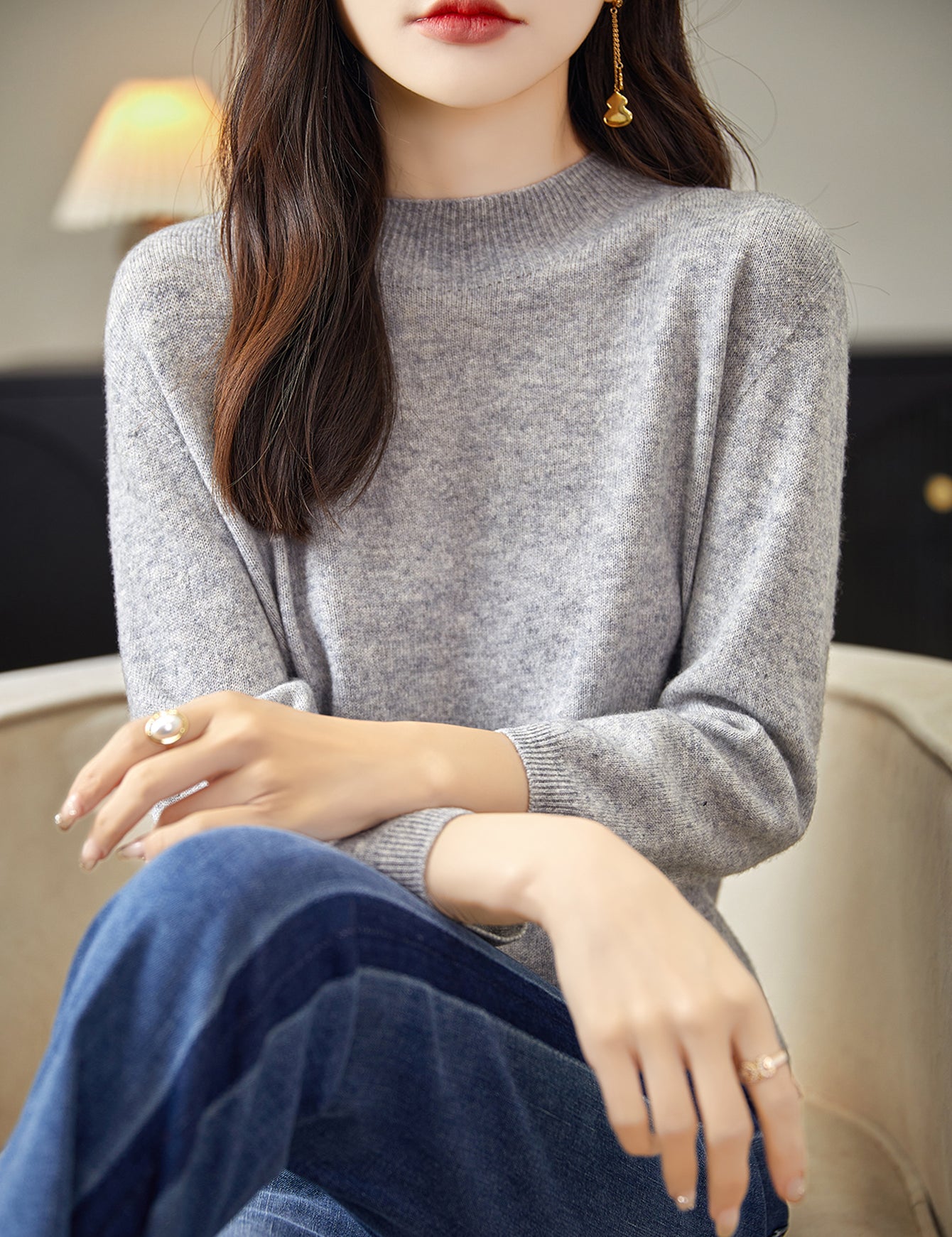 100% 메리노 울 목넥 하프 슬리브 스웨터
