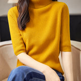 Chanyarn Women's 100% Merino Wool Sweater Turtleneck Short Sleeve Tops Spring Summer Lightweight Ribbed Knitted Pullover