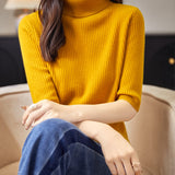 Chanyarn Women's 100% Merino Wool Sweater Turtleneck Short Sleeve Tops Spring Summer Lightweight Ribbed Knitted Pullover