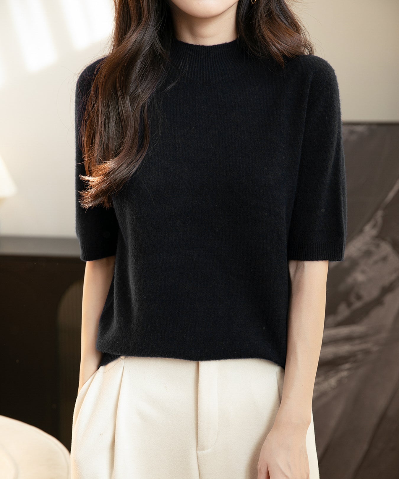 Women's 100% Merino Wool Spring Fall Winter First-Line Ready to Wear Seamless Knit Short Sleeve Mock Neck Sweater