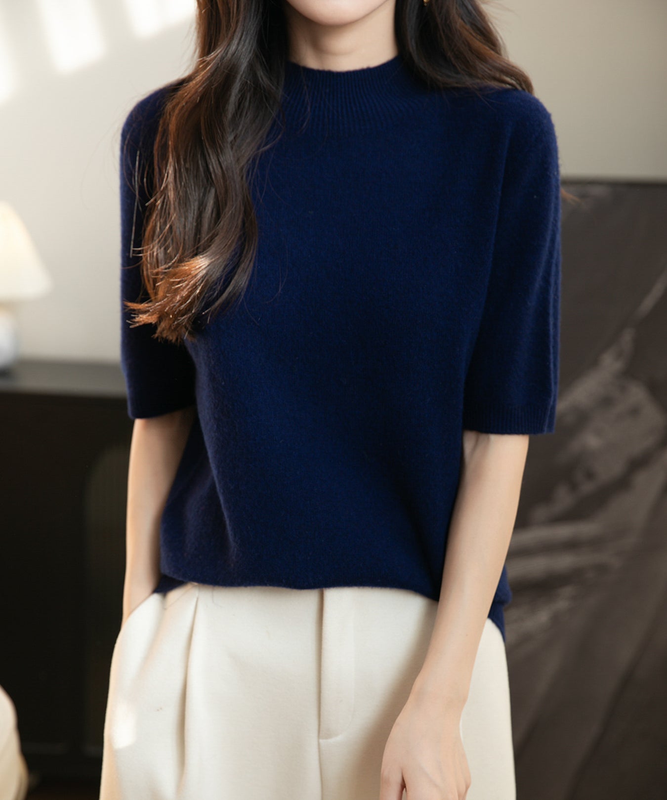 Women's 100% Merino Wool Spring Fall Winter First-Line Ready to Wear Seamless Knit Short Sleeve Mock Neck Sweater