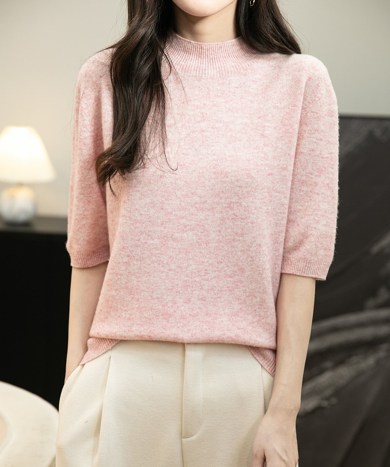 Women's 100% Merino Wool Spring Fall Winter First-Line Ready to Wear Seamless Knit Short Sleeve Mock Neck Sweater