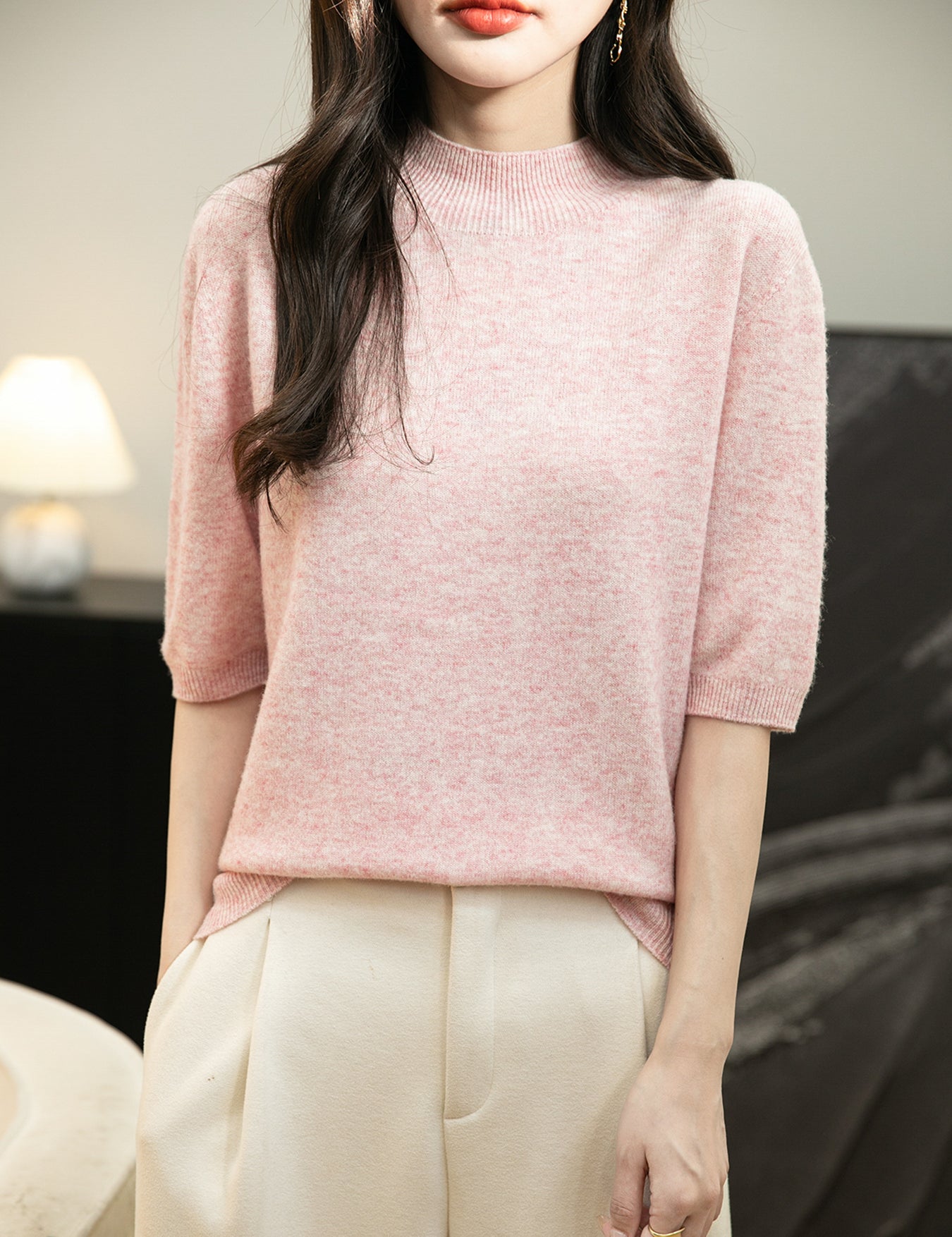 100% Merino Wool Short Sleeve Mockneck Seamless Sweater