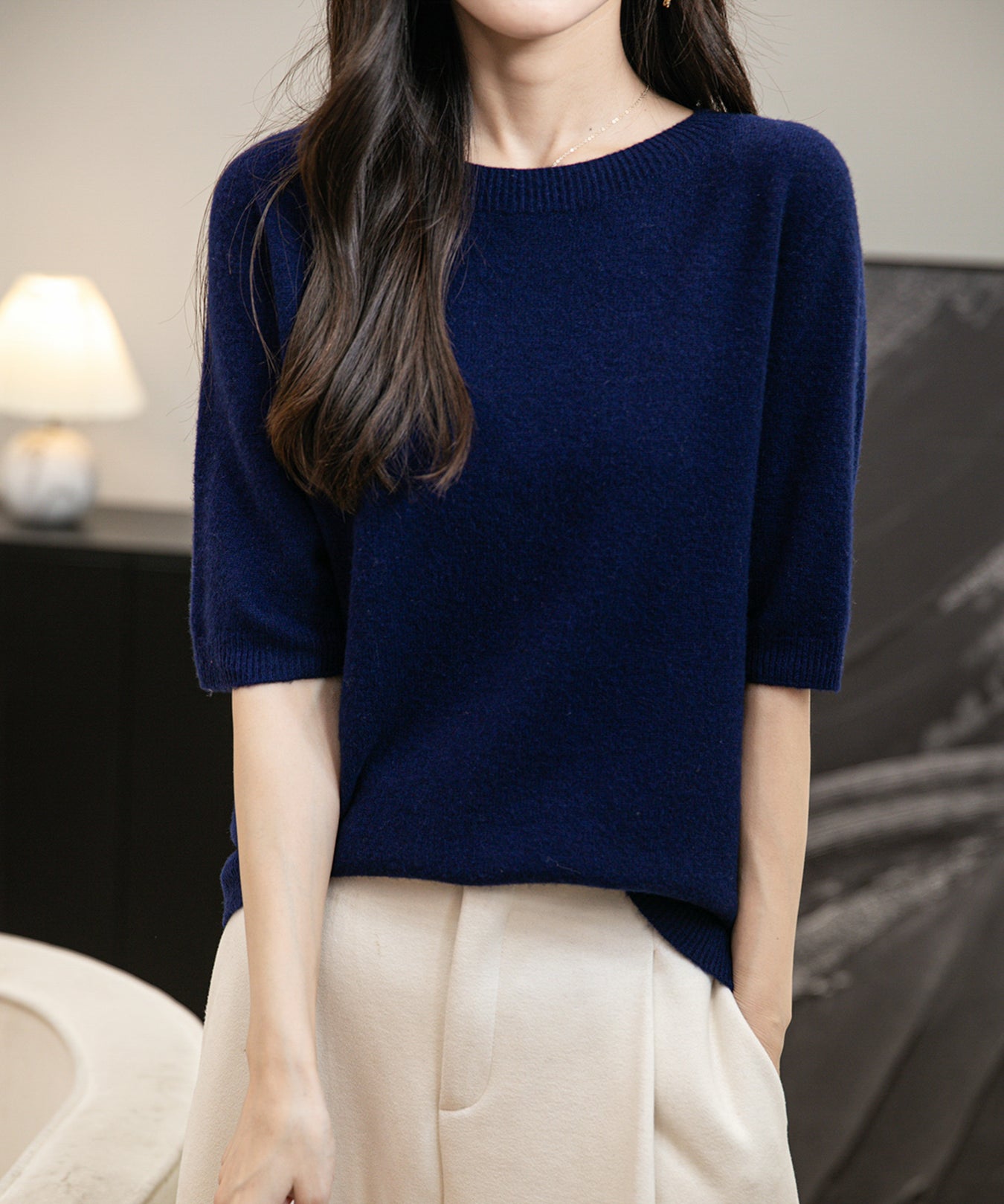 Women's 100% Merino Wool Spring Fall Winter First-Line Ready to Wear Seamless Knit Crewneck Short Sleeve Sweater