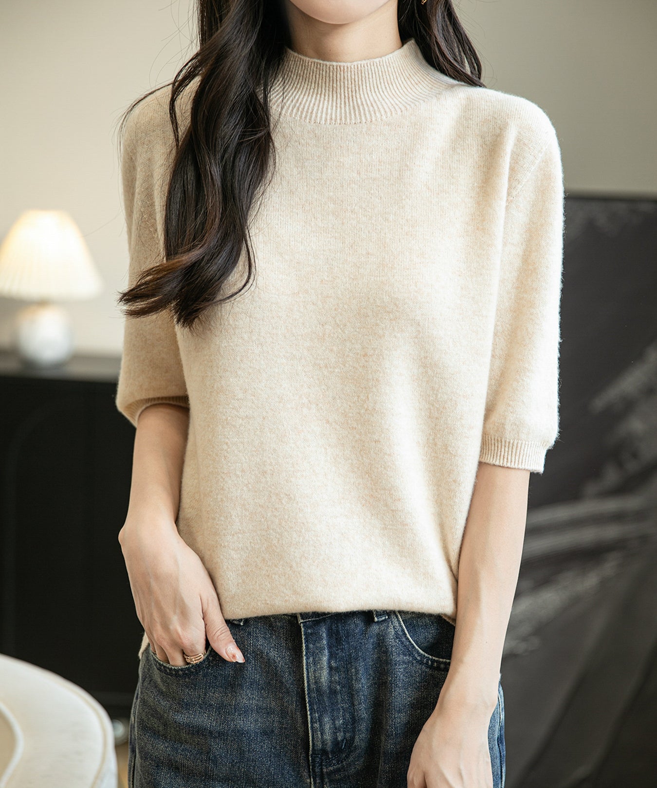Women's 100% Merino Wool Spring Fall Winter First-Line Ready to Wear Seamless Knit Short Sleeve Mock Neck Sweater