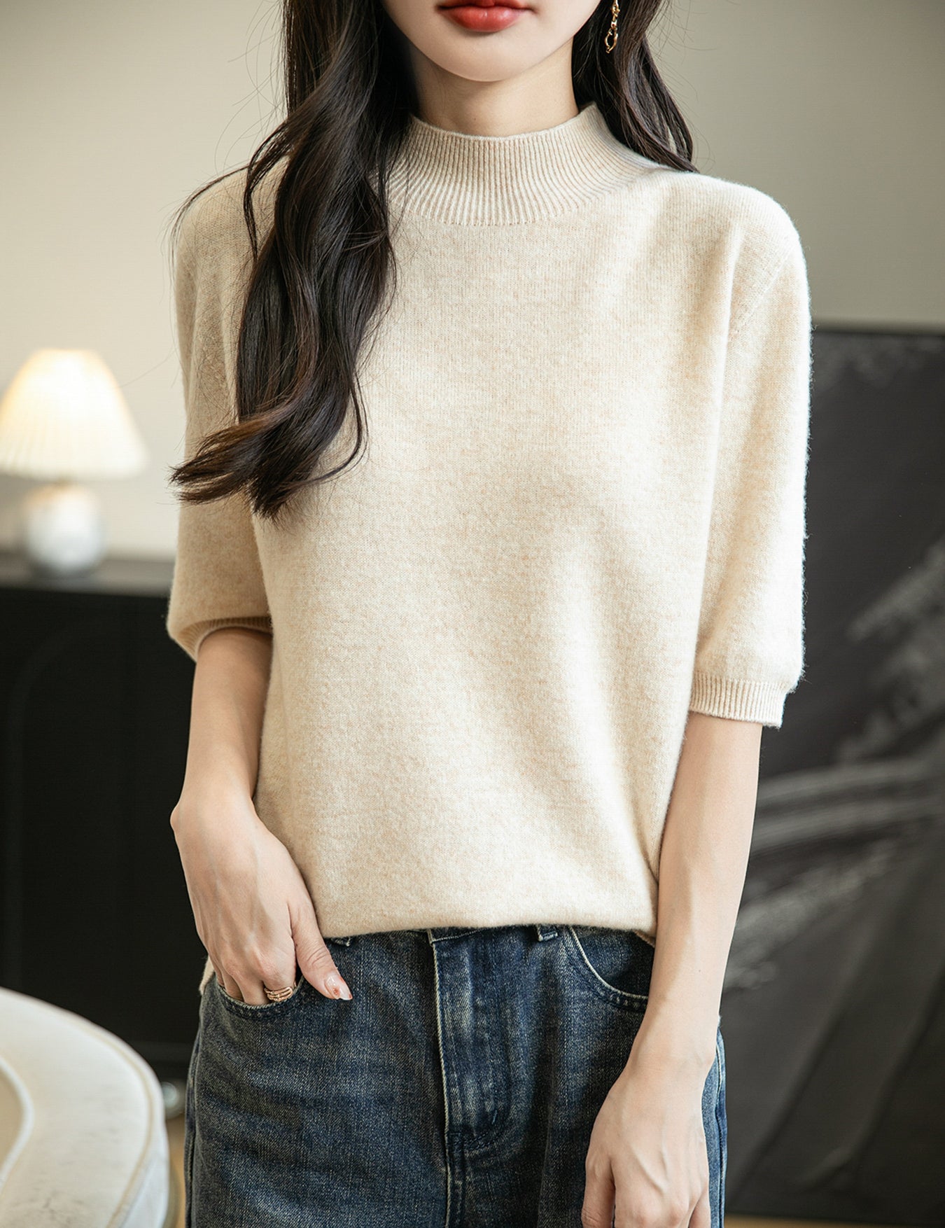 100% Merino Wool Short Sleeve Mockneck Seamless Sweater