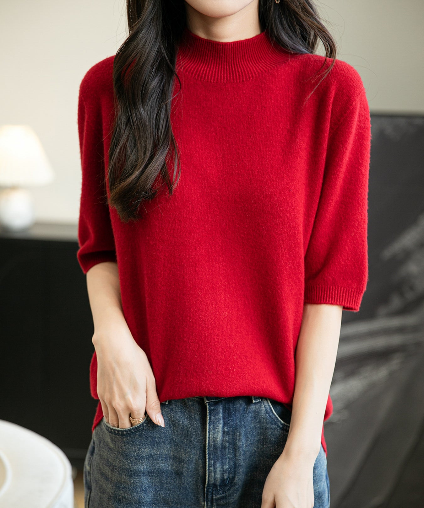 Women's 100% Merino Wool Spring Fall Winter First-Line Ready to Wear Seamless Knit Short Sleeve Mock Neck Sweater