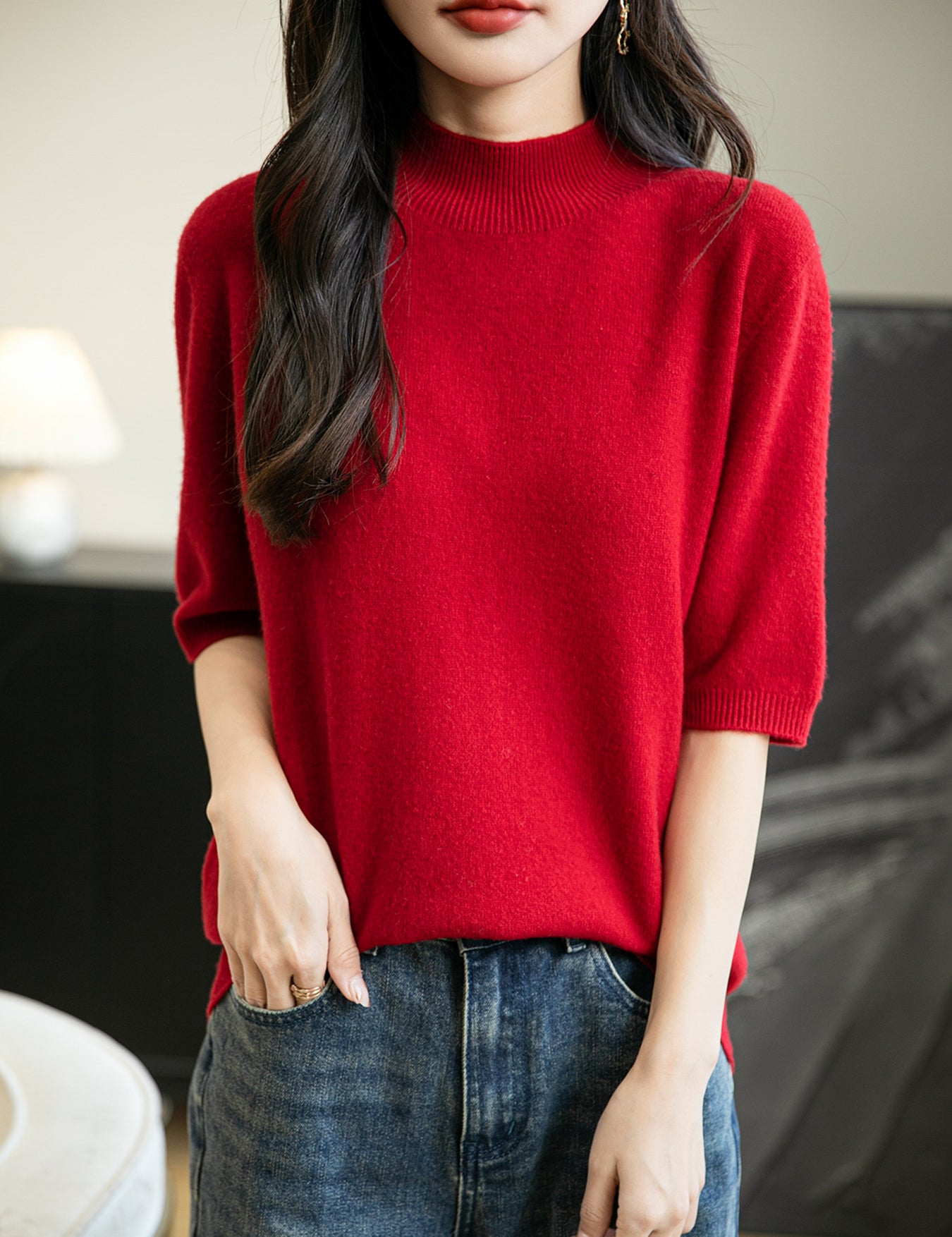 100% Merino Wool Short Sleeve Mockneck Seamless Sweater