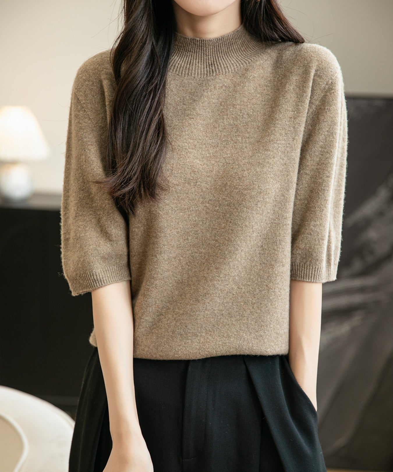Women's 100% Merino Wool Spring Fall Winter First-Line Ready to Wear Seamless Knit Short Sleeve Mock Neck Sweater