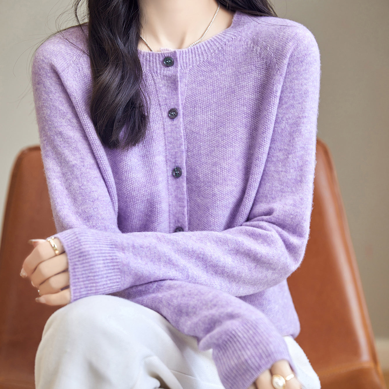 Chanyarn Women's Crewneck 100% Merino Wool Sweater 2024 Spring Fall Solid Long Sleeve Seamless Knitted Cardigan Sweater