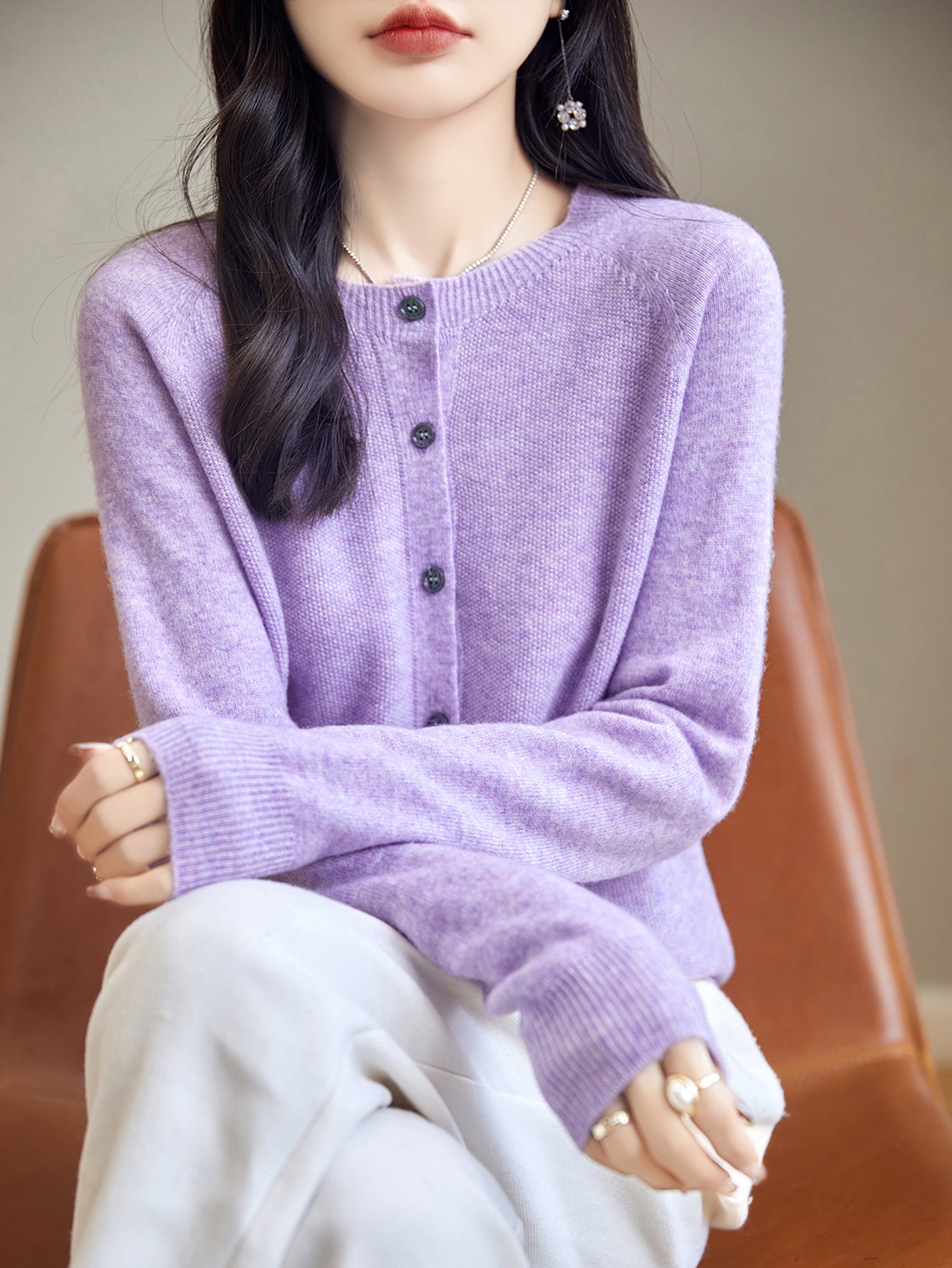 100% Merino Wool Crewneck Cardigan Sweater