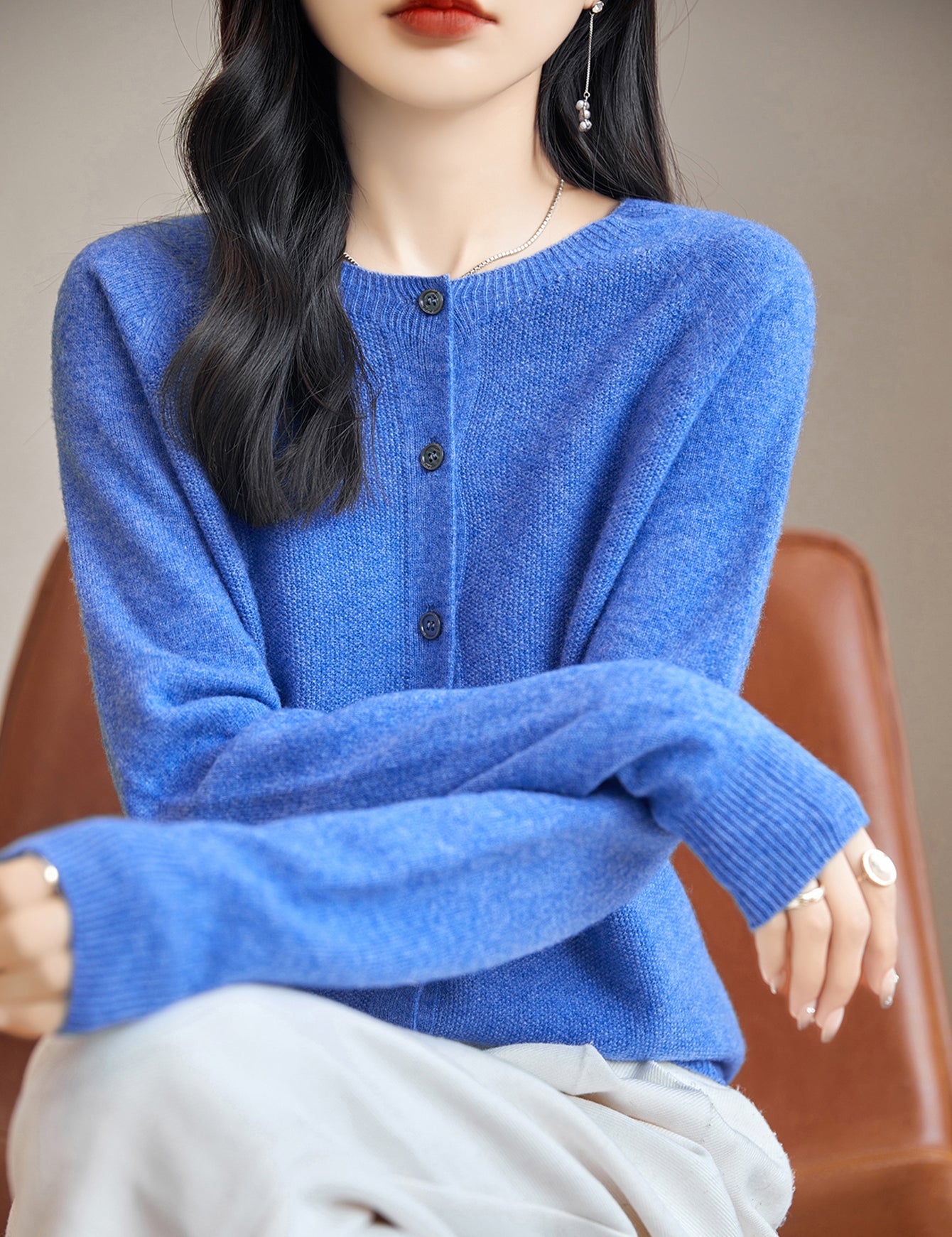 100% Merino Wool Crewneck Cardigan Sweater