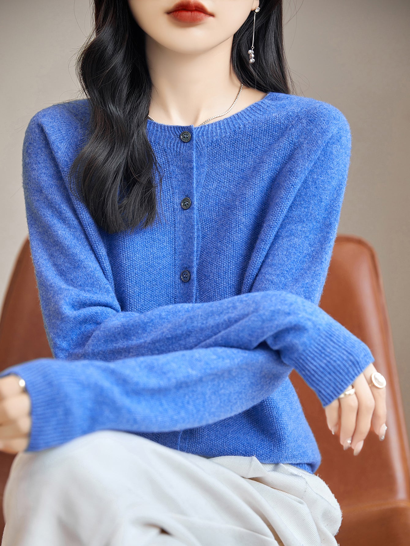 100% Merino Wool Crewneck Cardigan Sweater