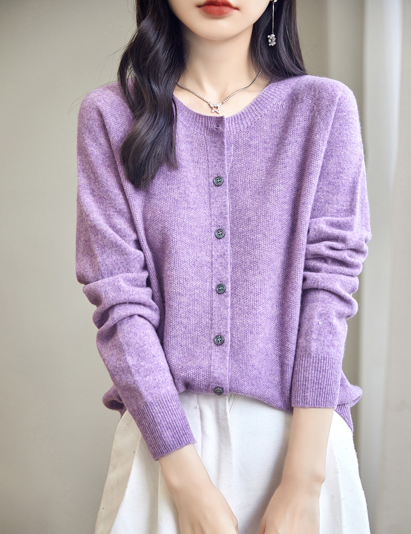 100% Merino Wool Crewneck Cardigan Sweater