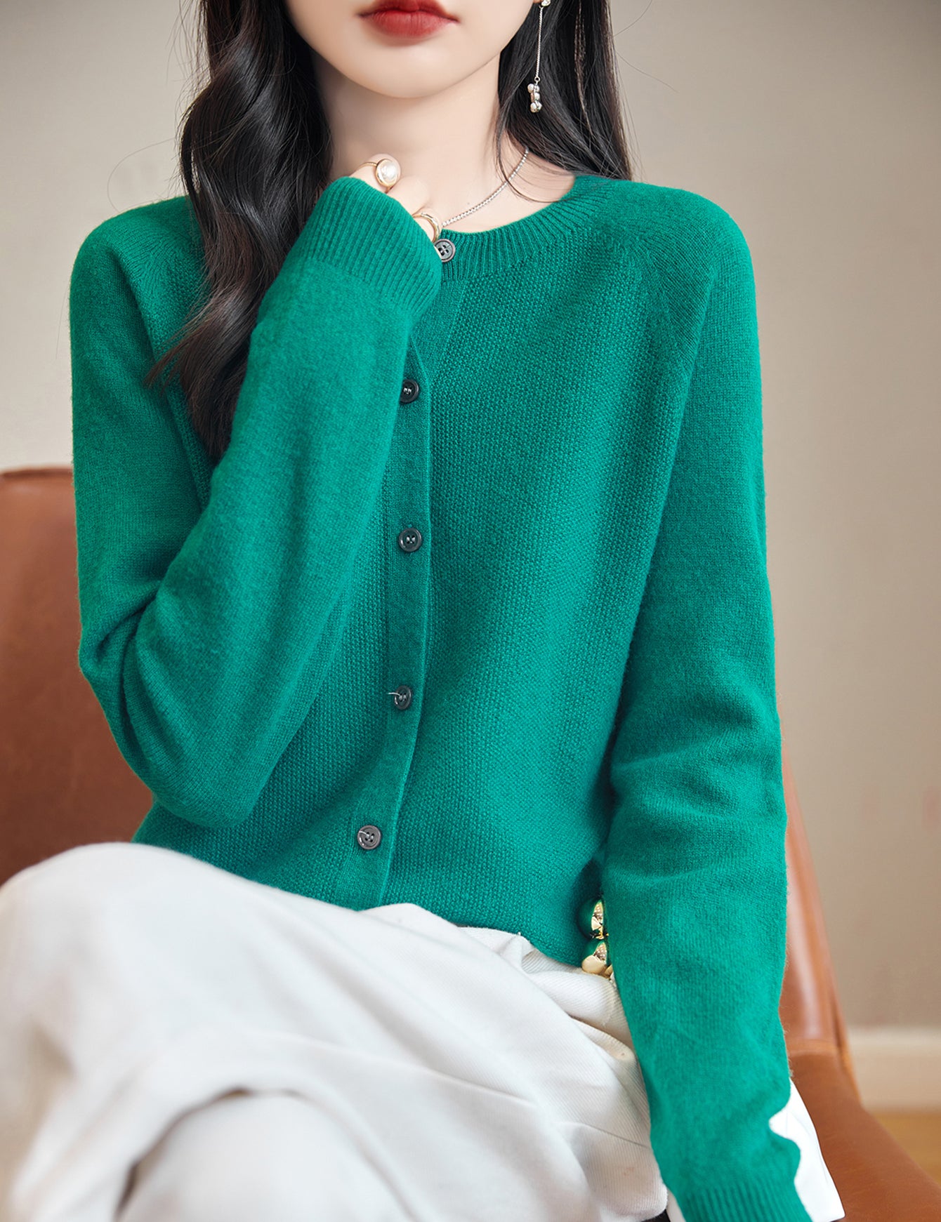 100% Merino Wool Crewneck Cardigan Sweater