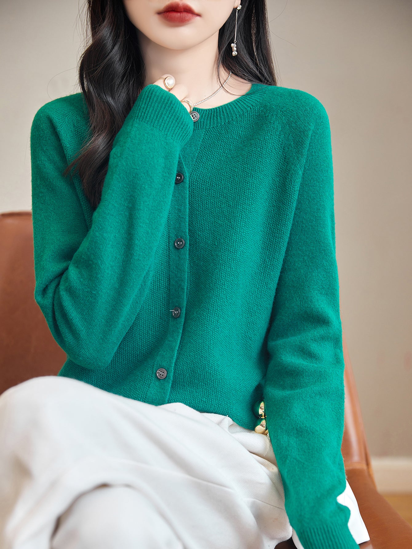 100% Merino Wool Crewneck Cardigan Sweater