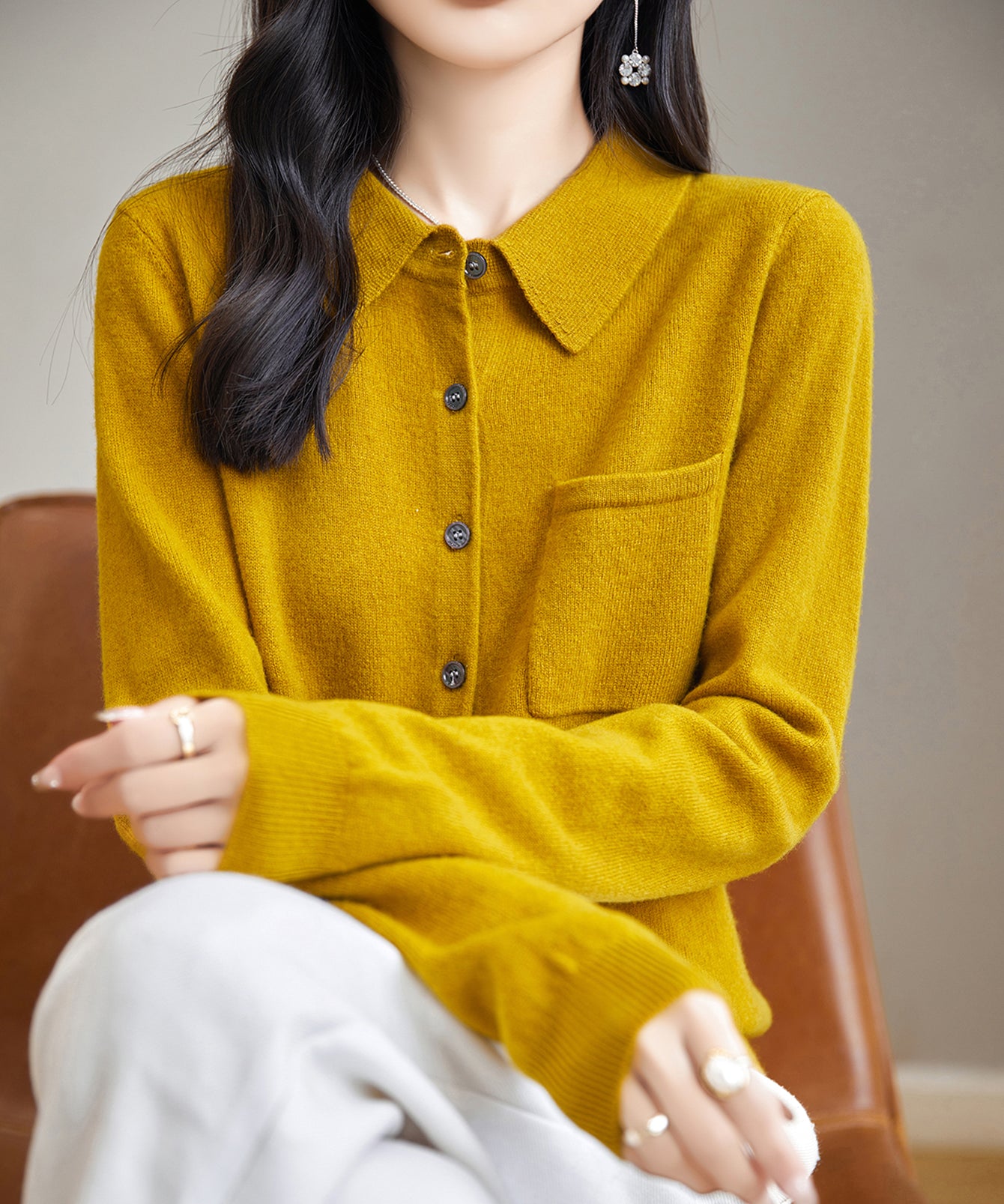 Chanyarn Women's Polo Neck 100% Merino Wool Sweater 2025 Autumn Basic Long Sleeve Knitted Cardigan Sweater with Pocket