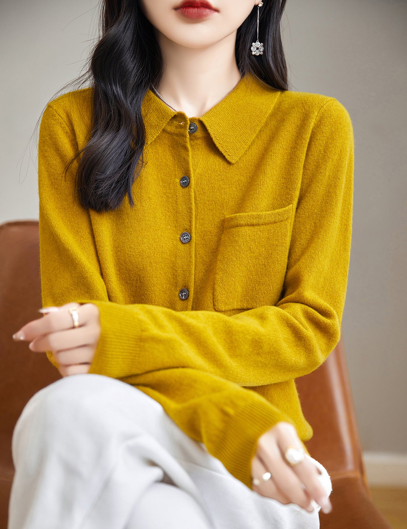 100% Merino Wool Poloneck Cardigan Sweater