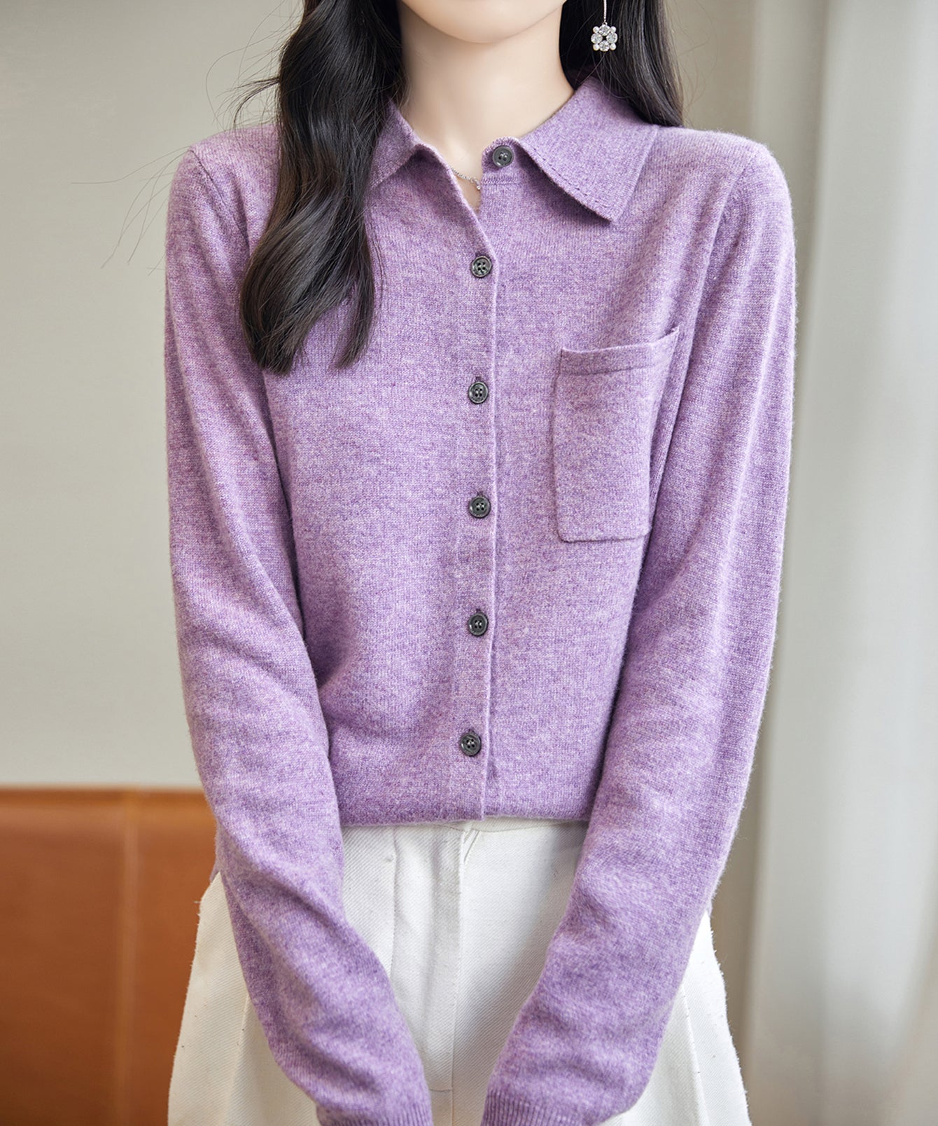Chanyarn Women's Polo Neck 100% Merino Wool Sweater 2025 Autumn Basic Long Sleeve Knitted Cardigan Sweater with Pocket