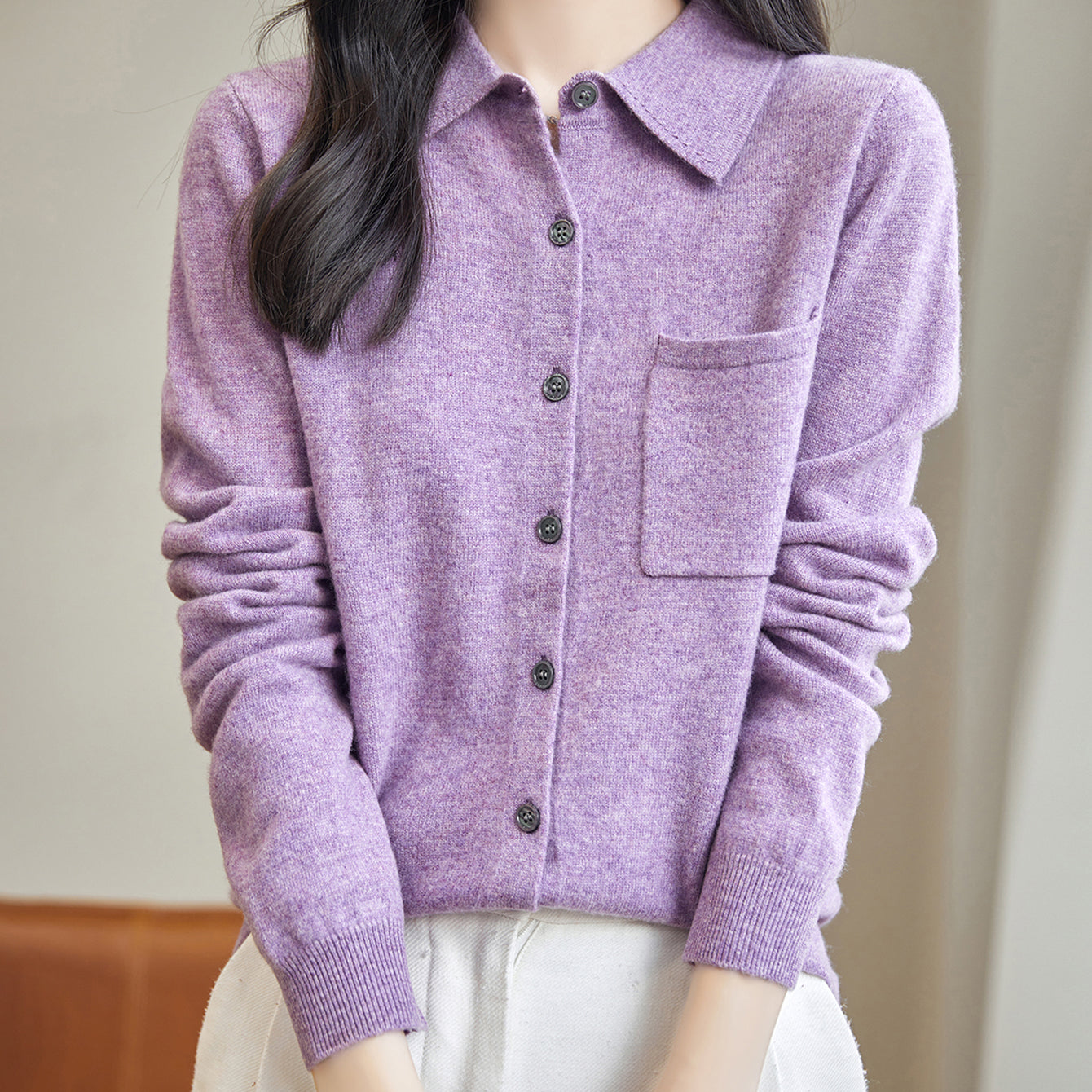 Chanyarn Women's Polo Neck 100% Merino Wool Sweater 2024 Spring Basic Long Sleeve Knitted Cardigan Sweater with Pocket