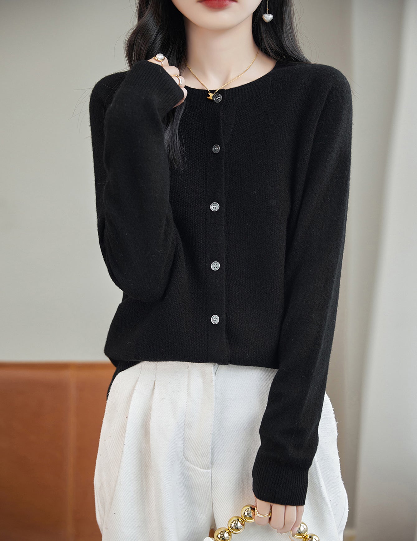 100% Merino Wool Crewneck Cardigan Sweater
