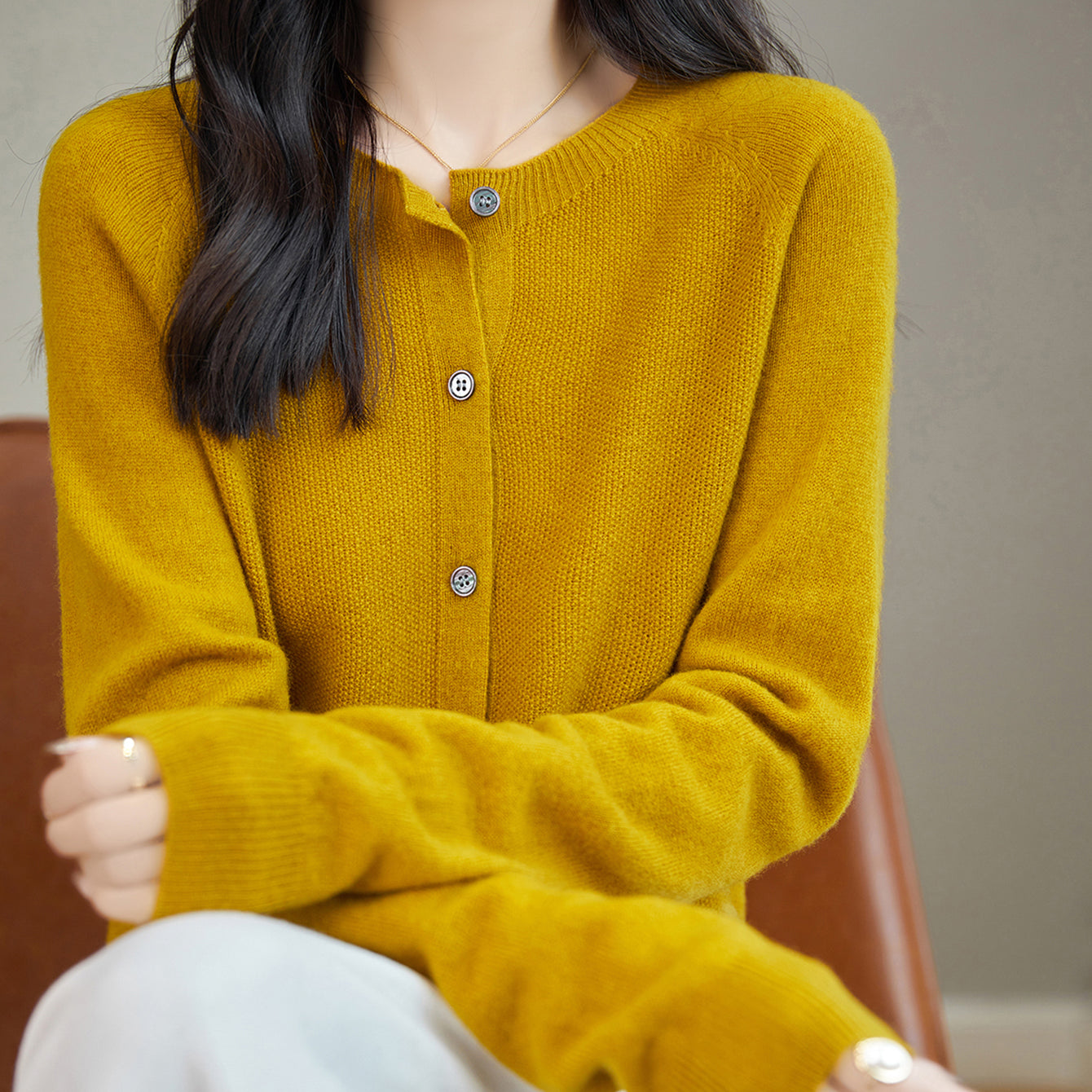 Chanyarn Women's Crewneck 100% Merino Wool Sweater 2024 Spring Fall Solid Long Sleeve Seamless Knitted Cardigan Sweater