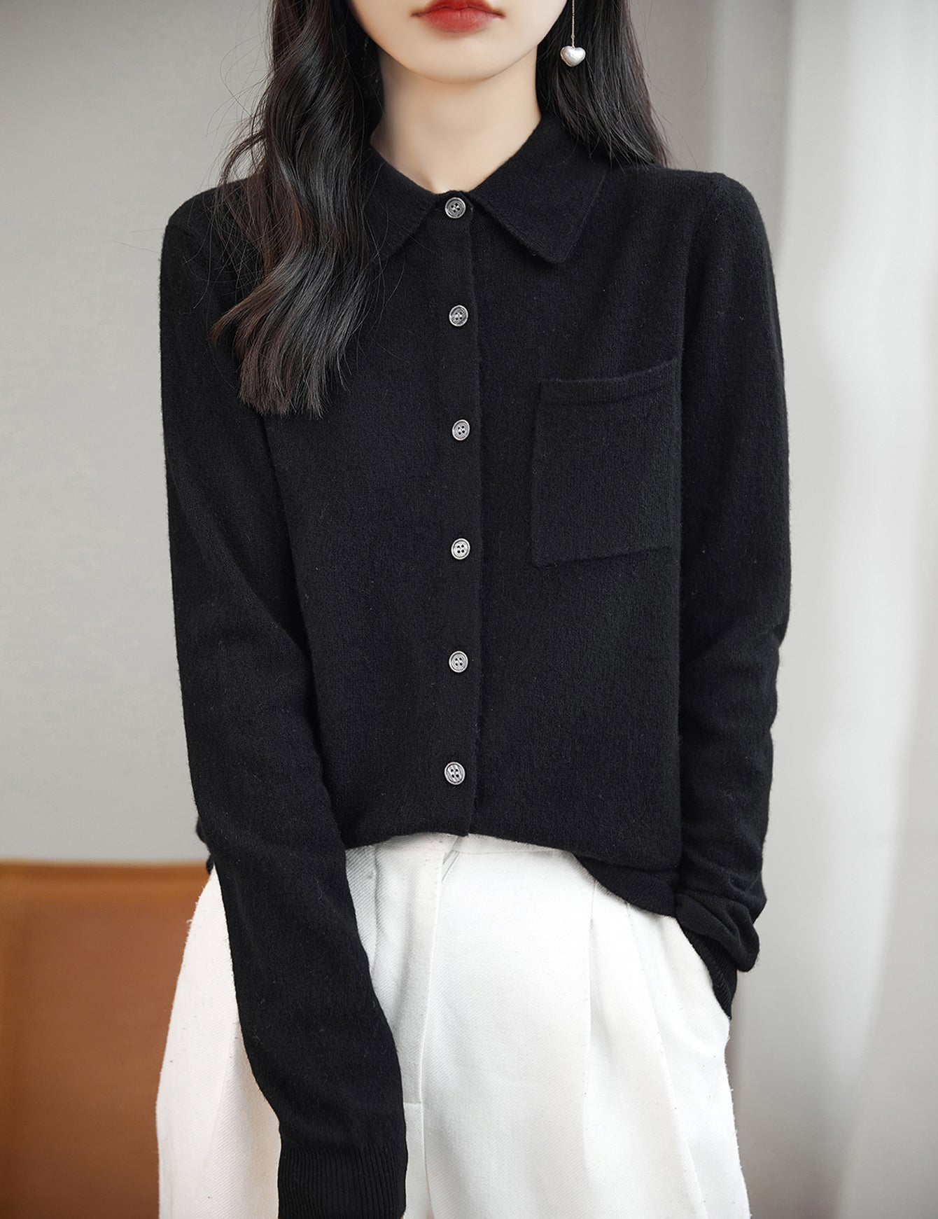100% Merino Wool Poloneck Cardigan Sweater
