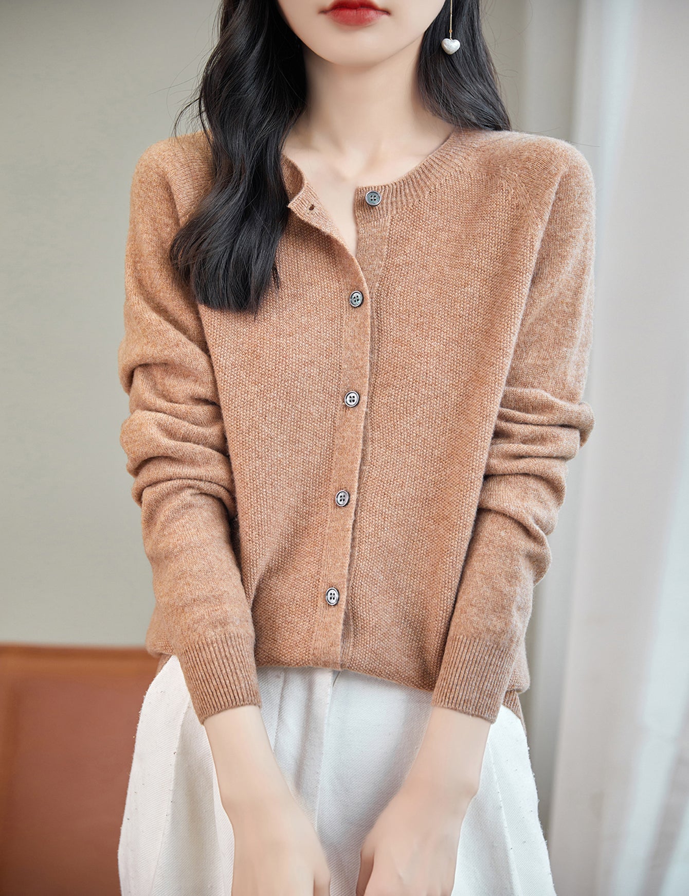 100% Merino Wool Crewneck Cardigan Sweater