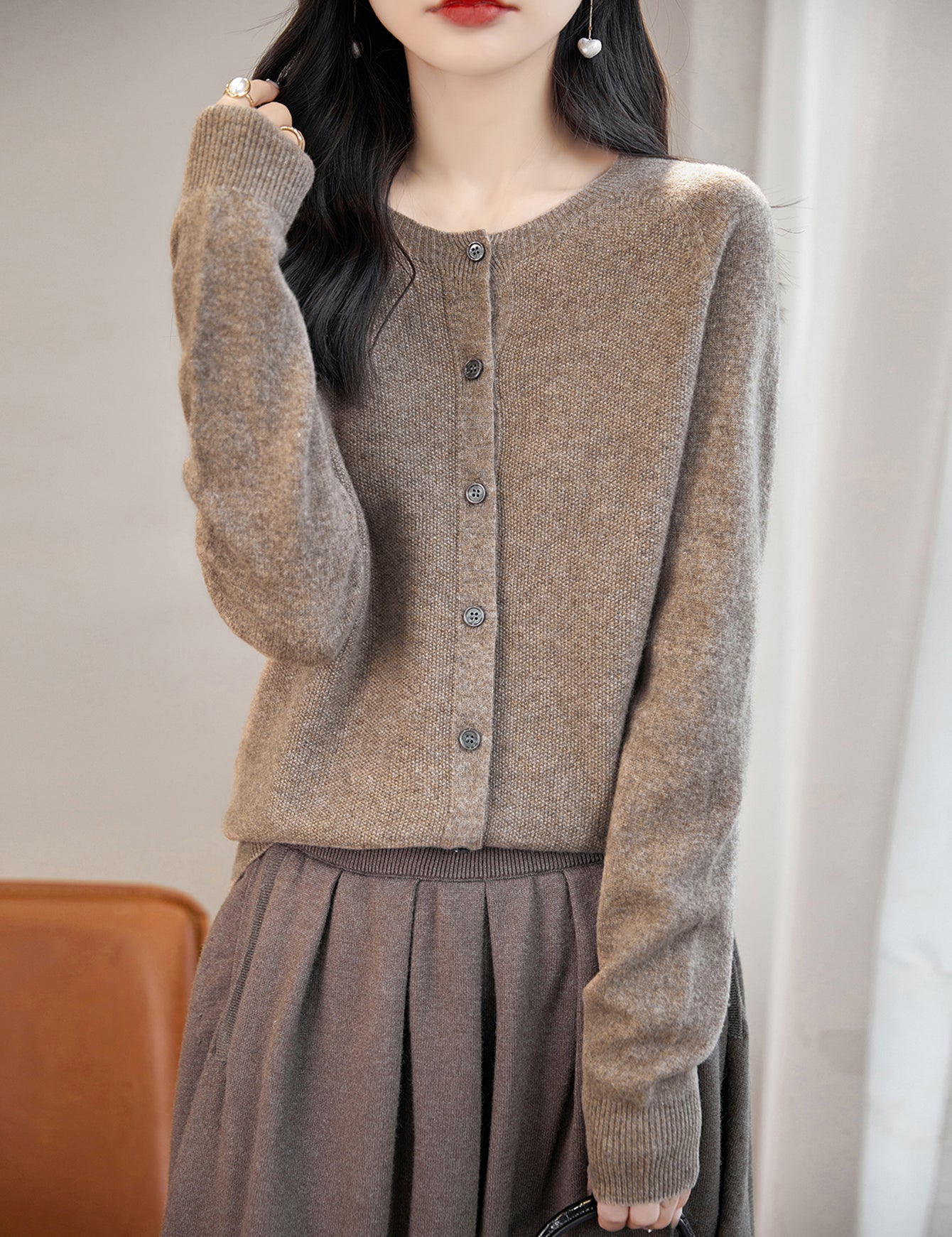 100% Merino Wool Crewneck Cardigan Sweater