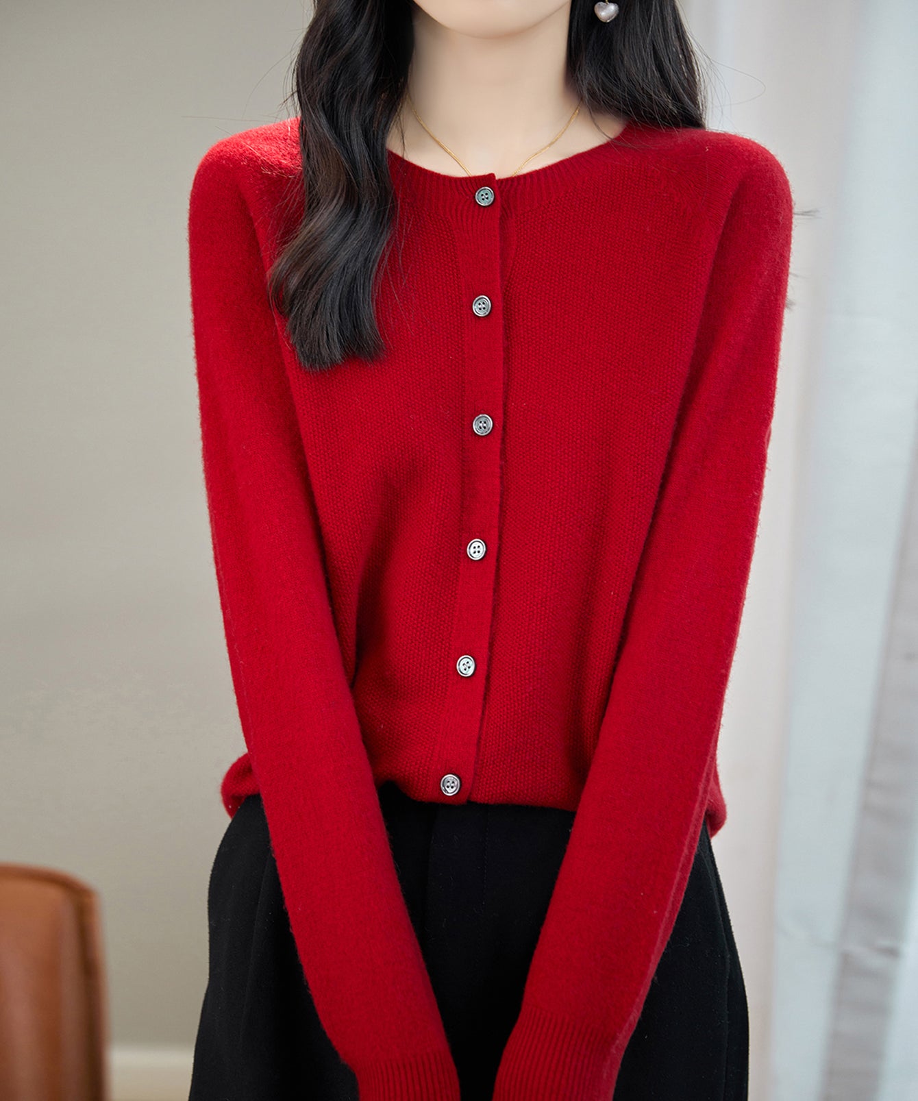 100% Merino Wool Crewneck Cardigan Sweater