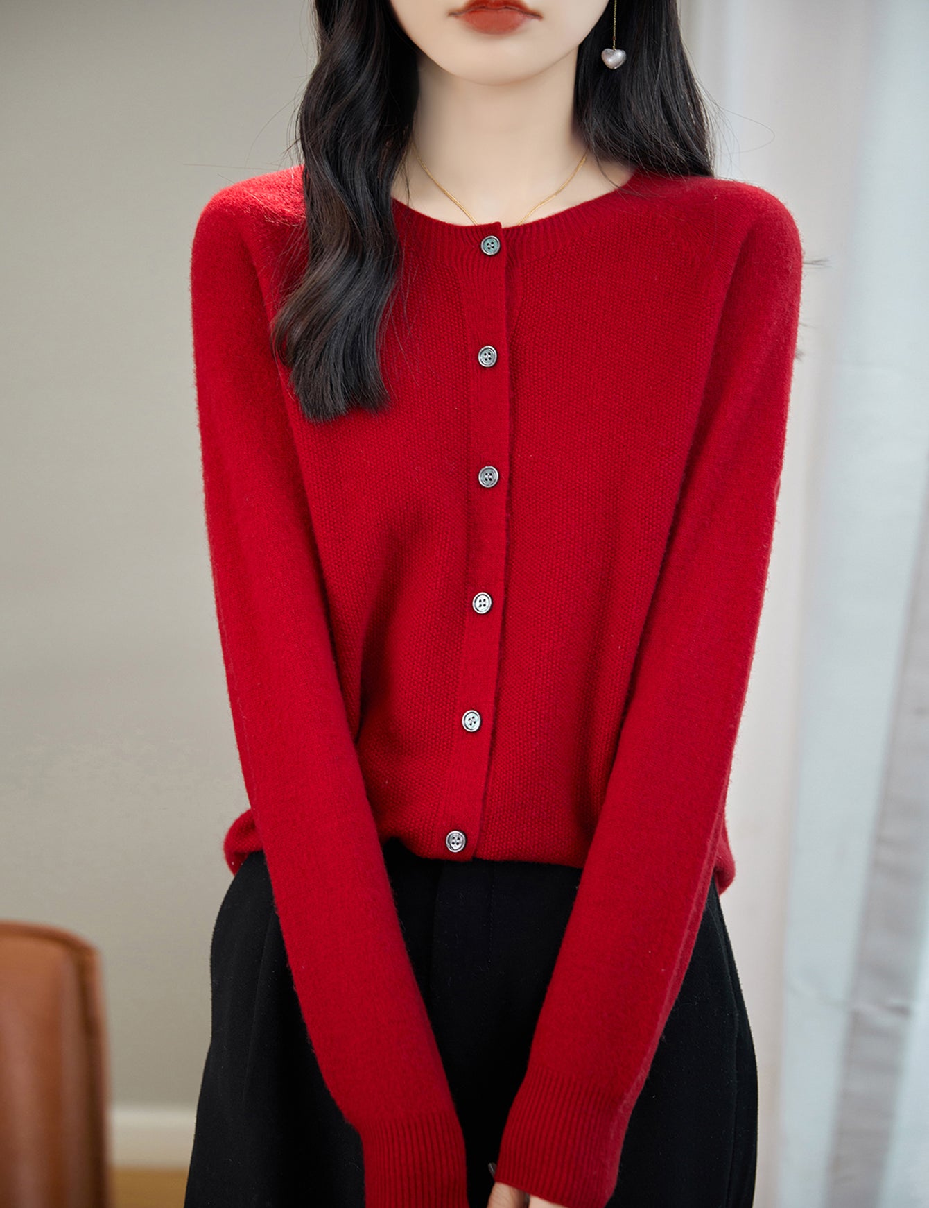 100% Merino Wool Crewneck Cardigan Sweater