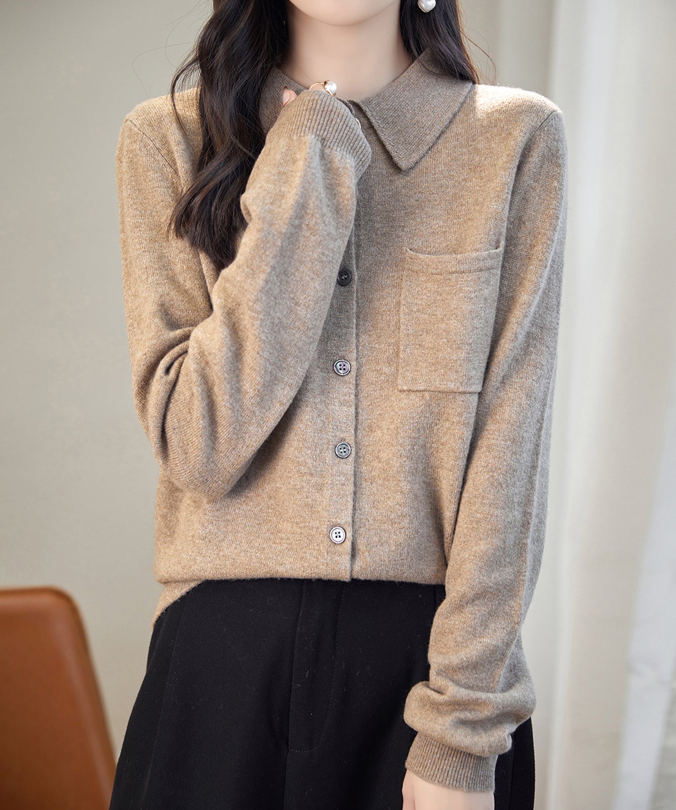 Chanyarn Women's Polo Neck 100% Merino Wool Sweater 2025 Autumn Basic Long Sleeve Knitted Cardigan Sweater with Pocket