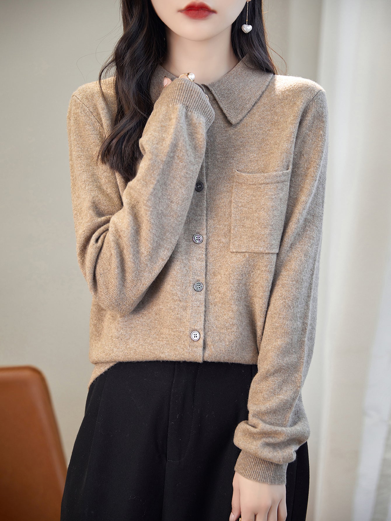100% Merino Wool Poloneck Cardigan Sweater