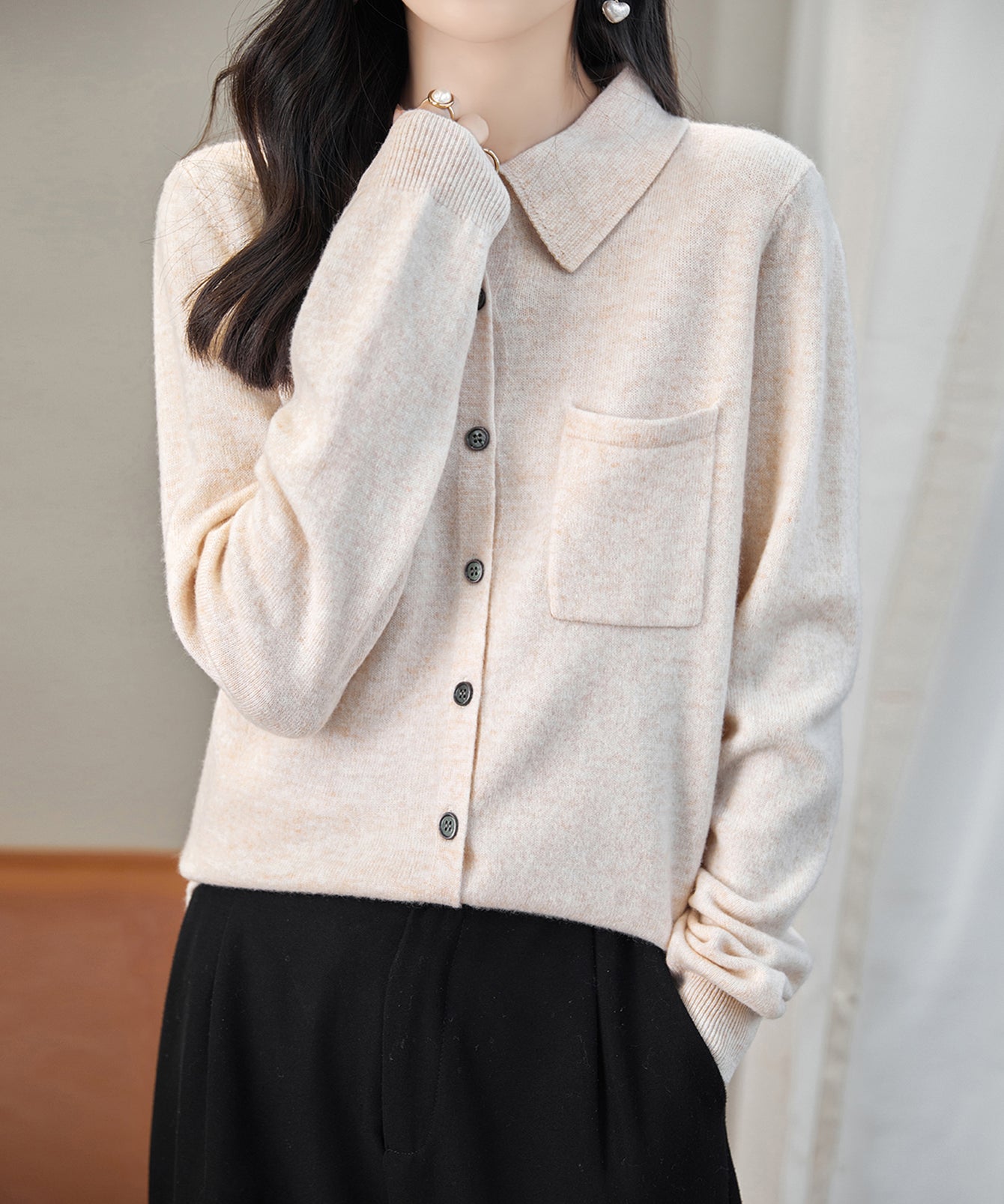 Chanyarn Women's Polo Neck 100% Merino Wool Sweater 2025 Autumn Basic Long Sleeve Knitted Cardigan Sweater with Pocket