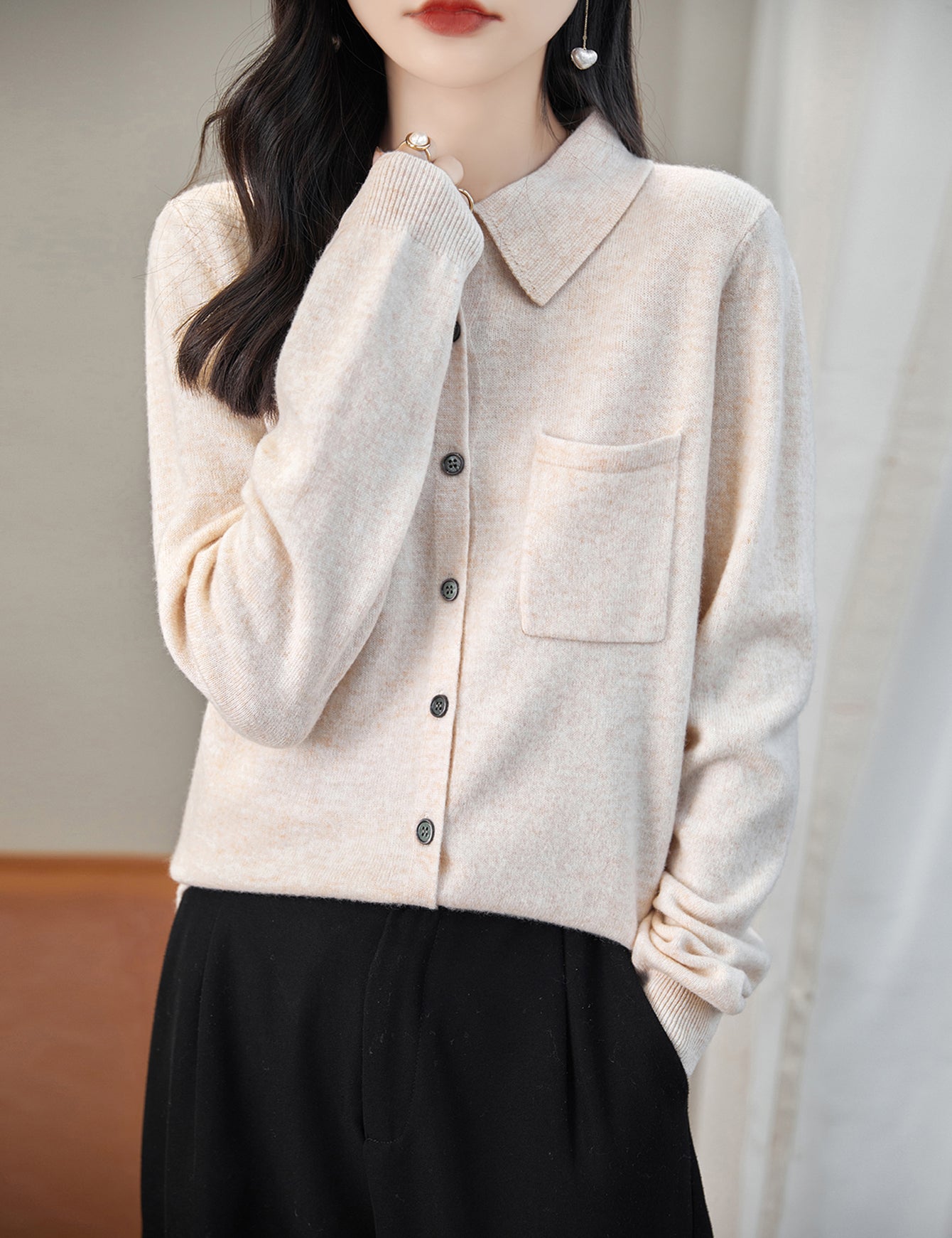 100% Merino Wool Poloneck Cardigan Sweater