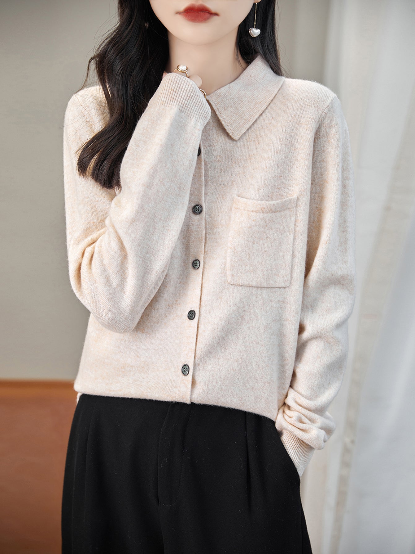 100% Merino Wool Poloneck Cardigan Sweater