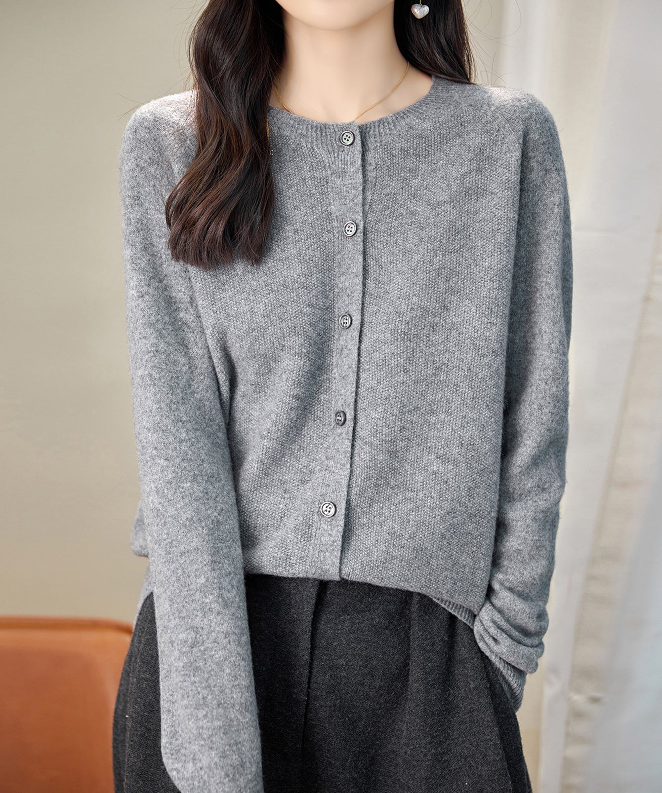 100% Merino Wool Crewneck Cardigan Sweater