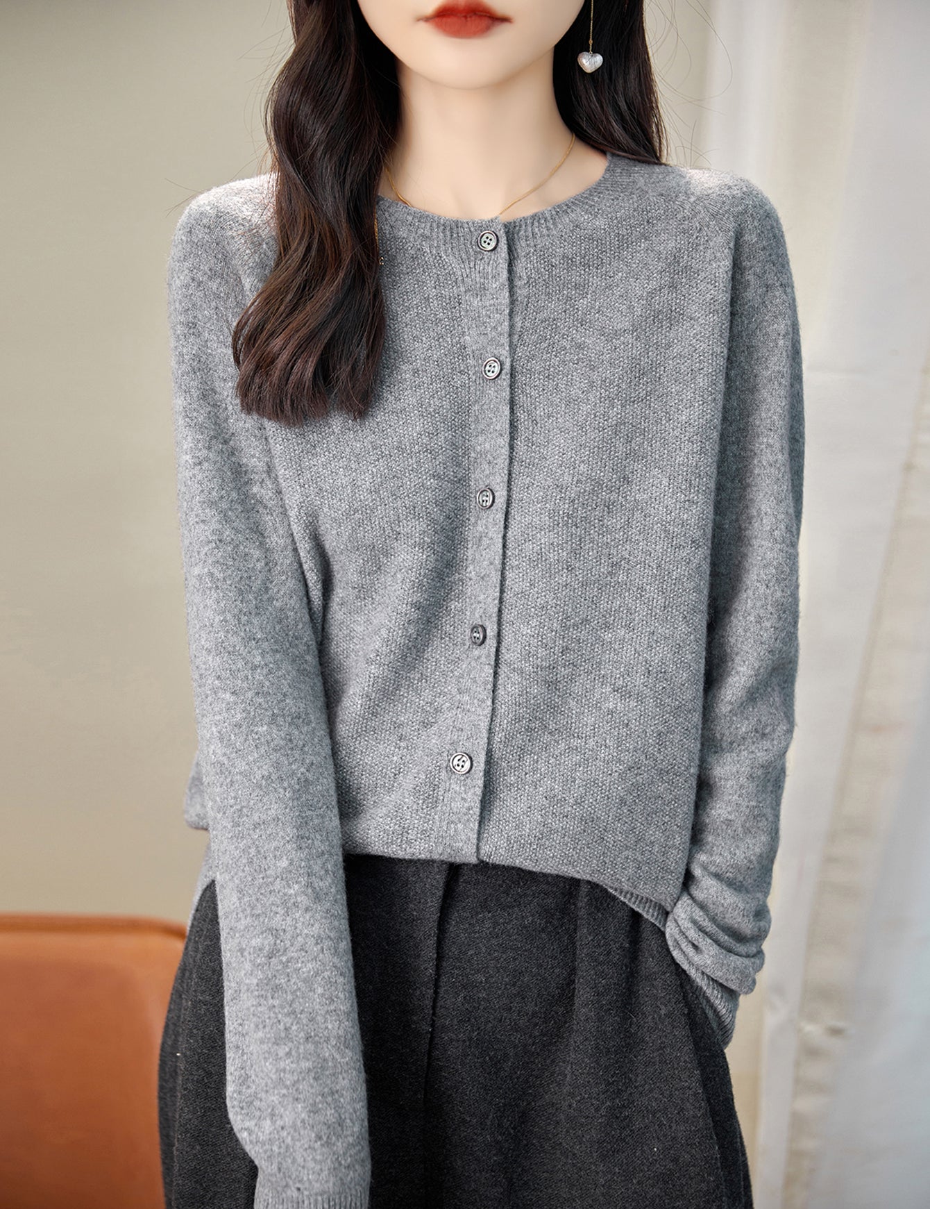 100% Merino Wool Crewneck Cardigan Sweater