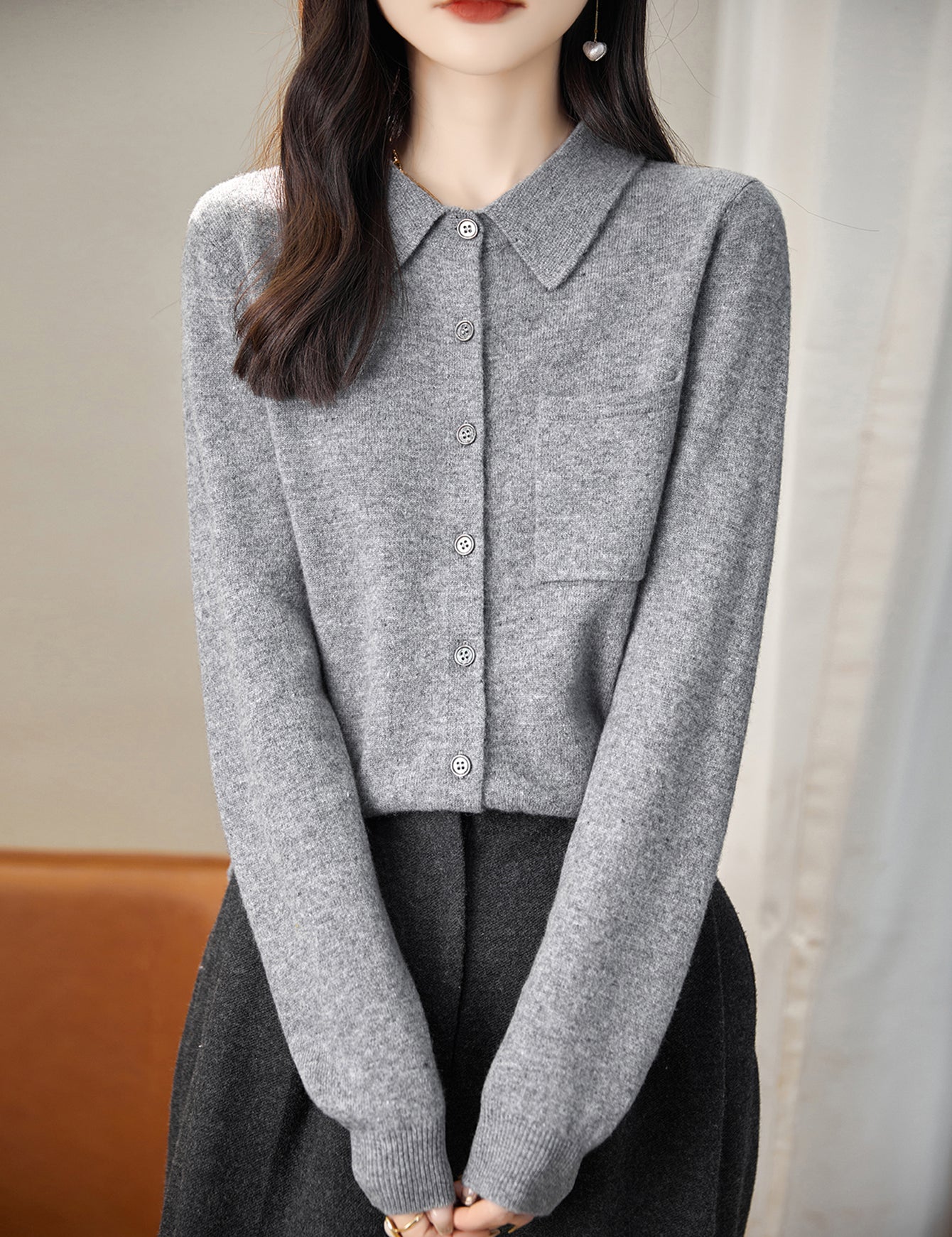 100% Merino Wool Poloneck Cardigan Sweater