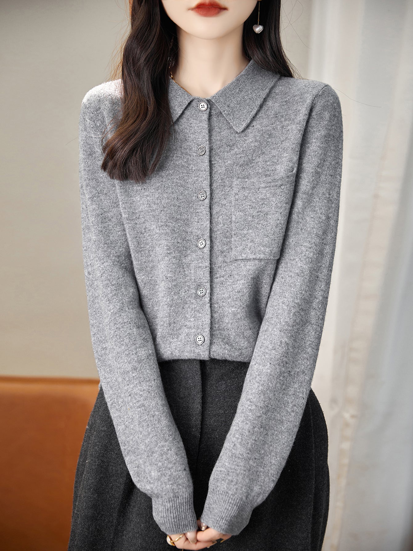 100% Merino Wool Poloneck Cardigan Sweater