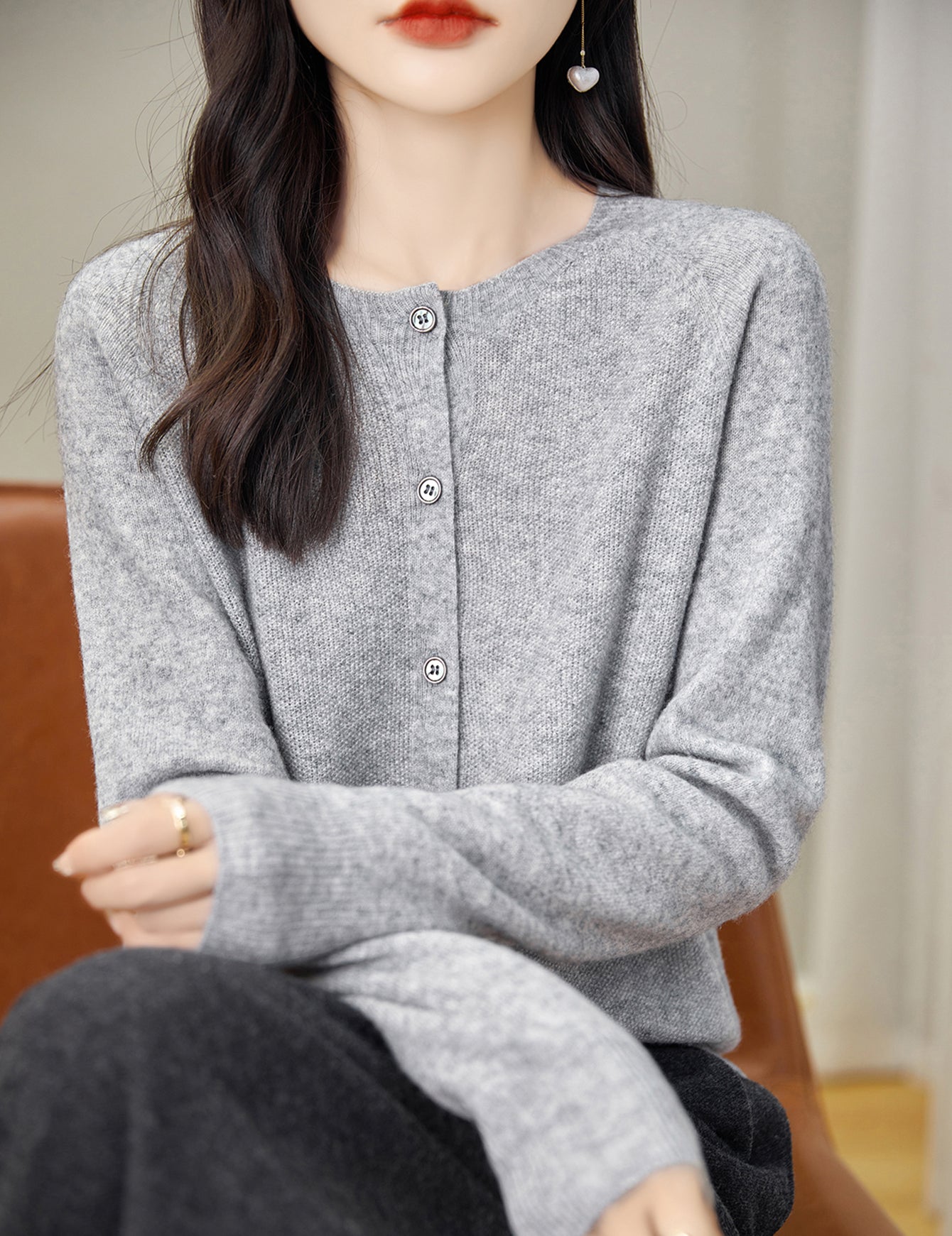 100% Merino Wool Crewneck Cardigan Sweater