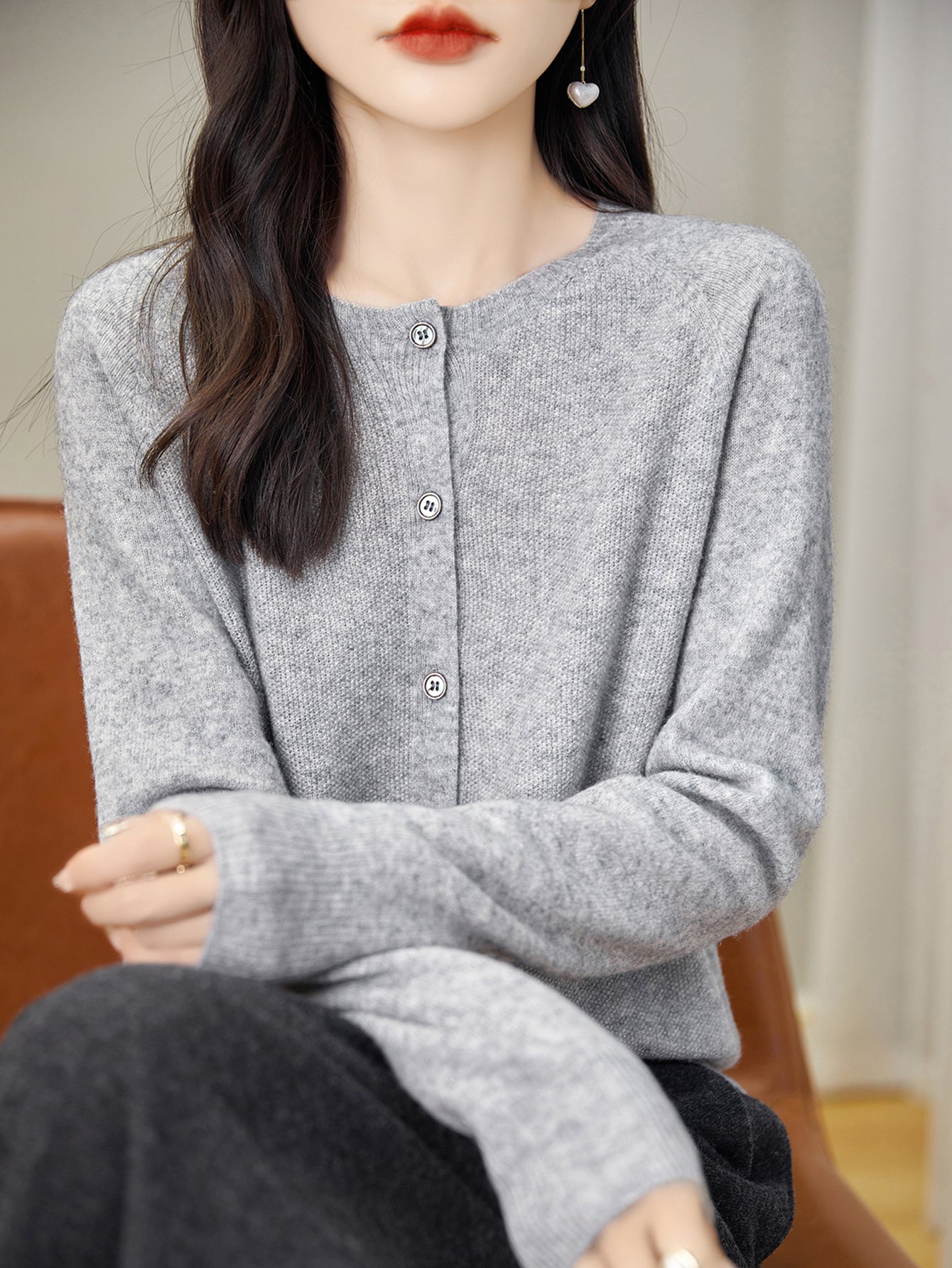 100% Merino Wool Crewneck Cardigan Sweater