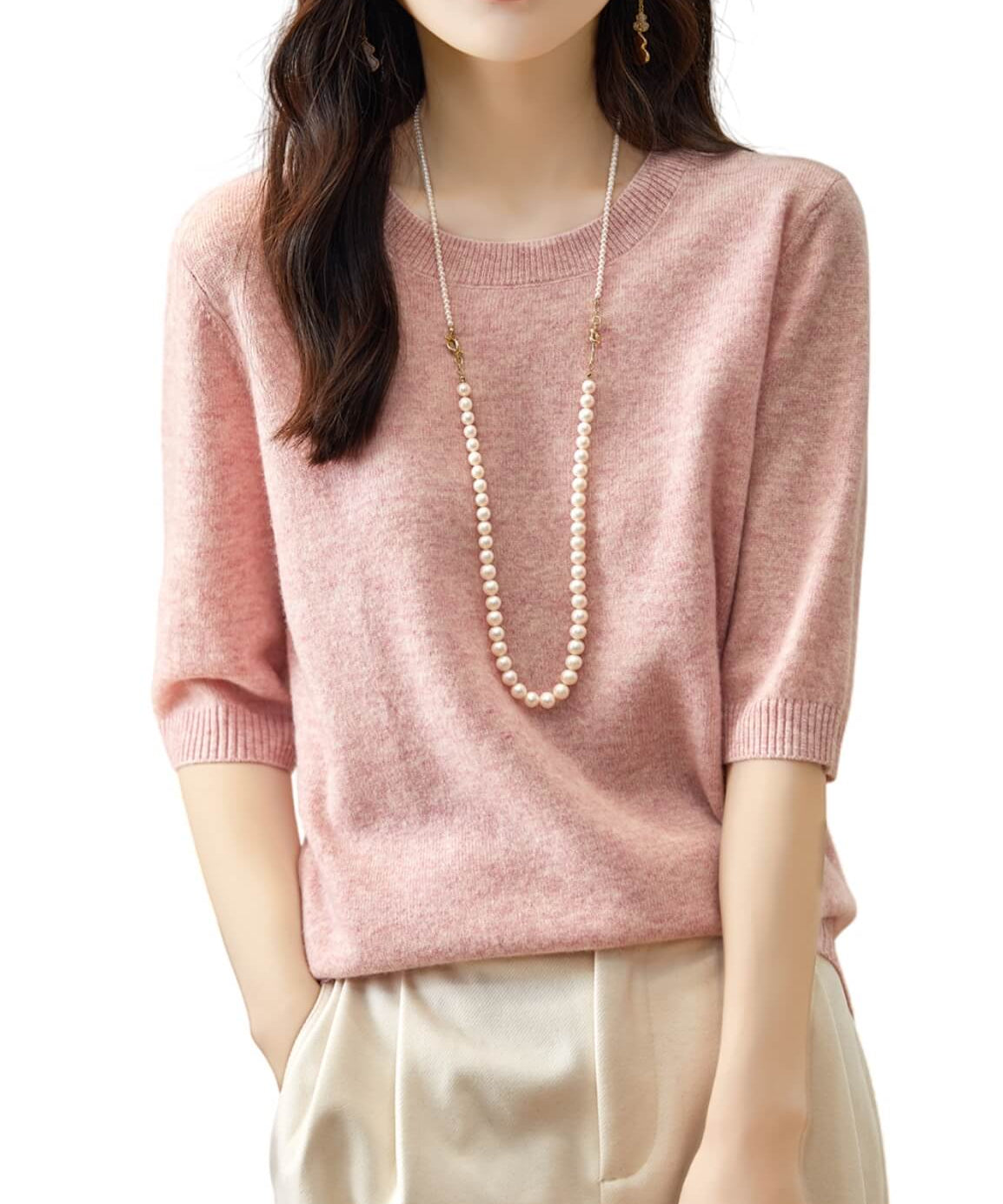 100% Merino Wool Crewneck Half Sleeve Sweater