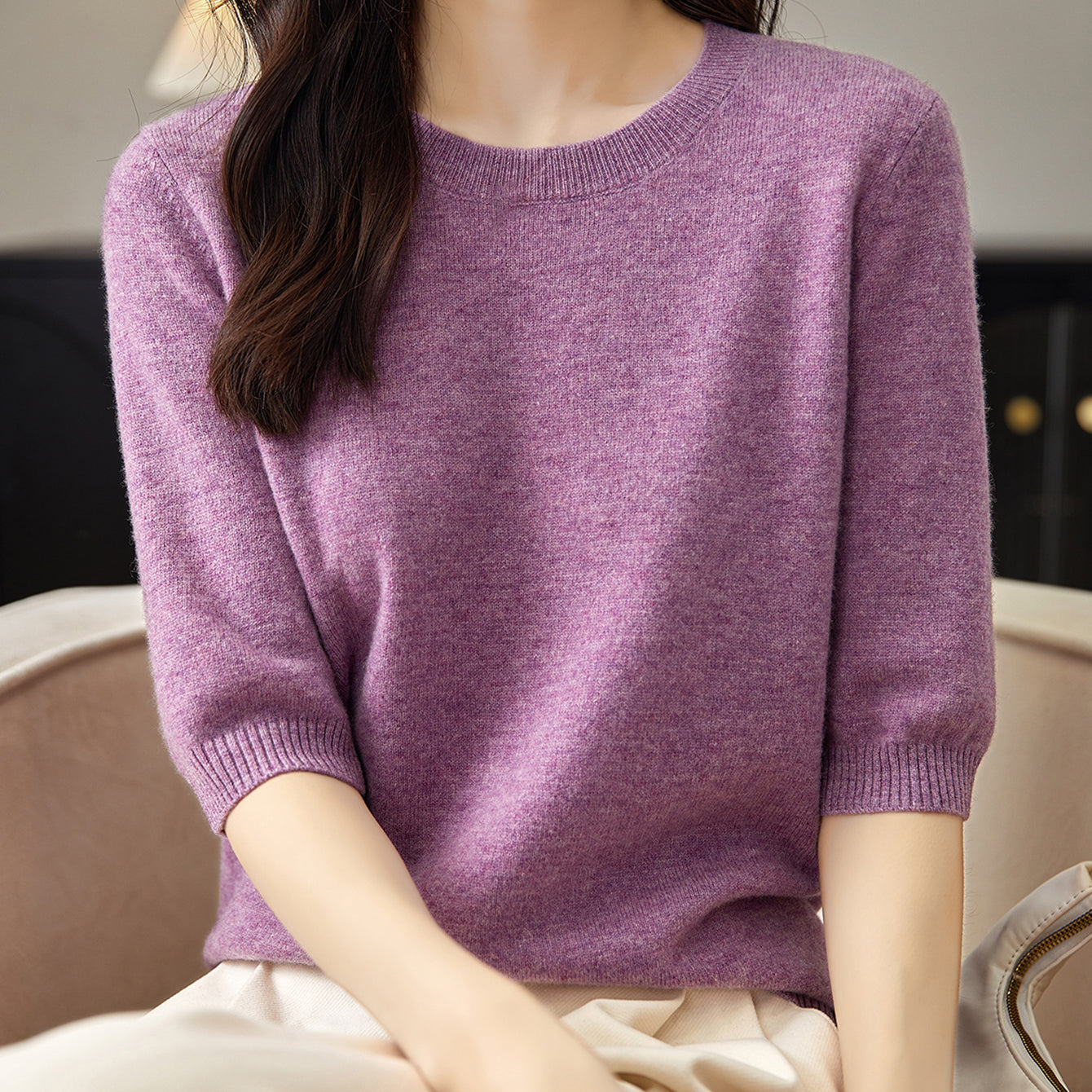 Chanyarn Women's 100% Merino Wool Sweater Crewneck Half Sleeve Tops Lightweight Spring Summer Sweater Knit Pullover