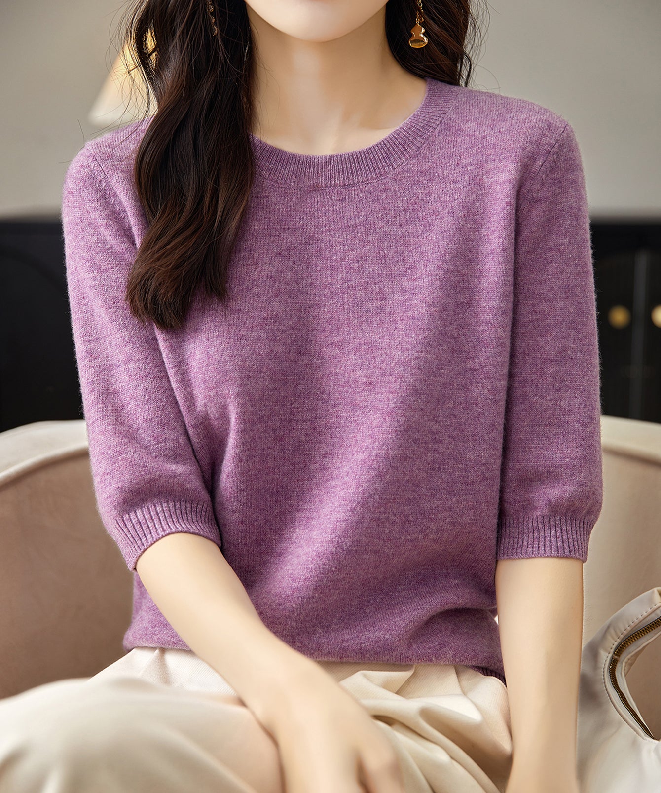 Chanyarn Women's 100% Merino Wool Sweater Crewneck Half Sleeve Tops Lightweight Spring Summer Sweater Knit Pullover