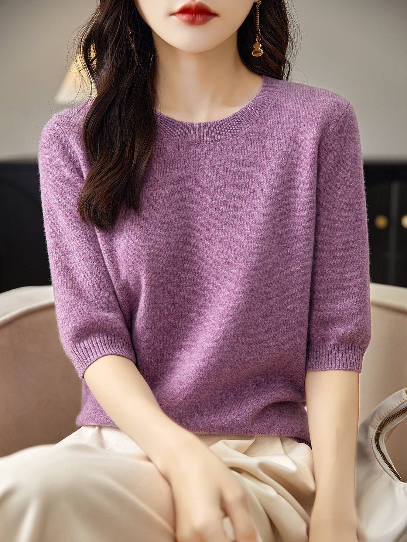 Chanyarn Women's 100% Merino Wool Sweater Crewneck Half Sleeve Tops Lightweight Spring Summer Sweater Knit Pullover